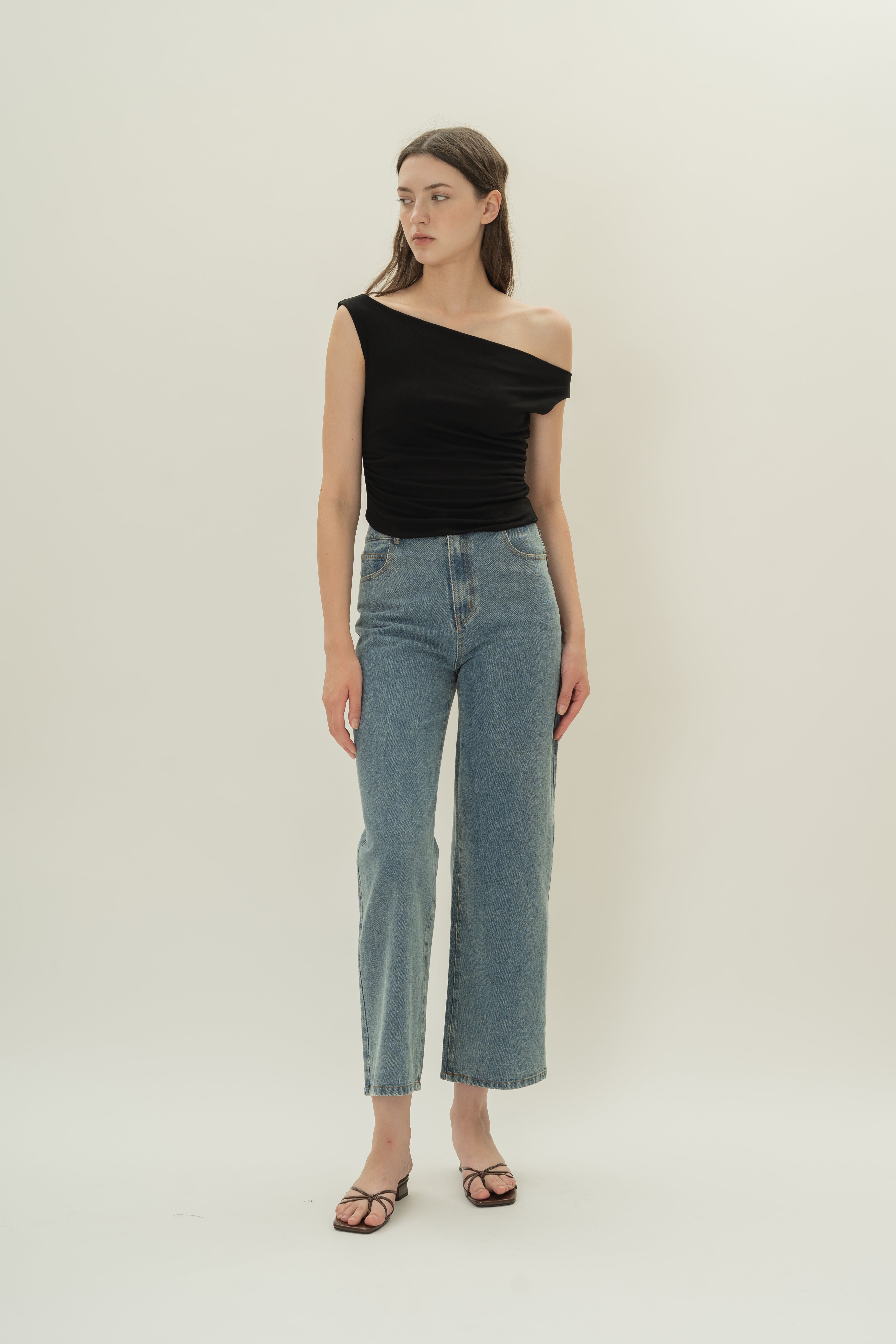 Off Shoulder Ruched Waist Top in Black