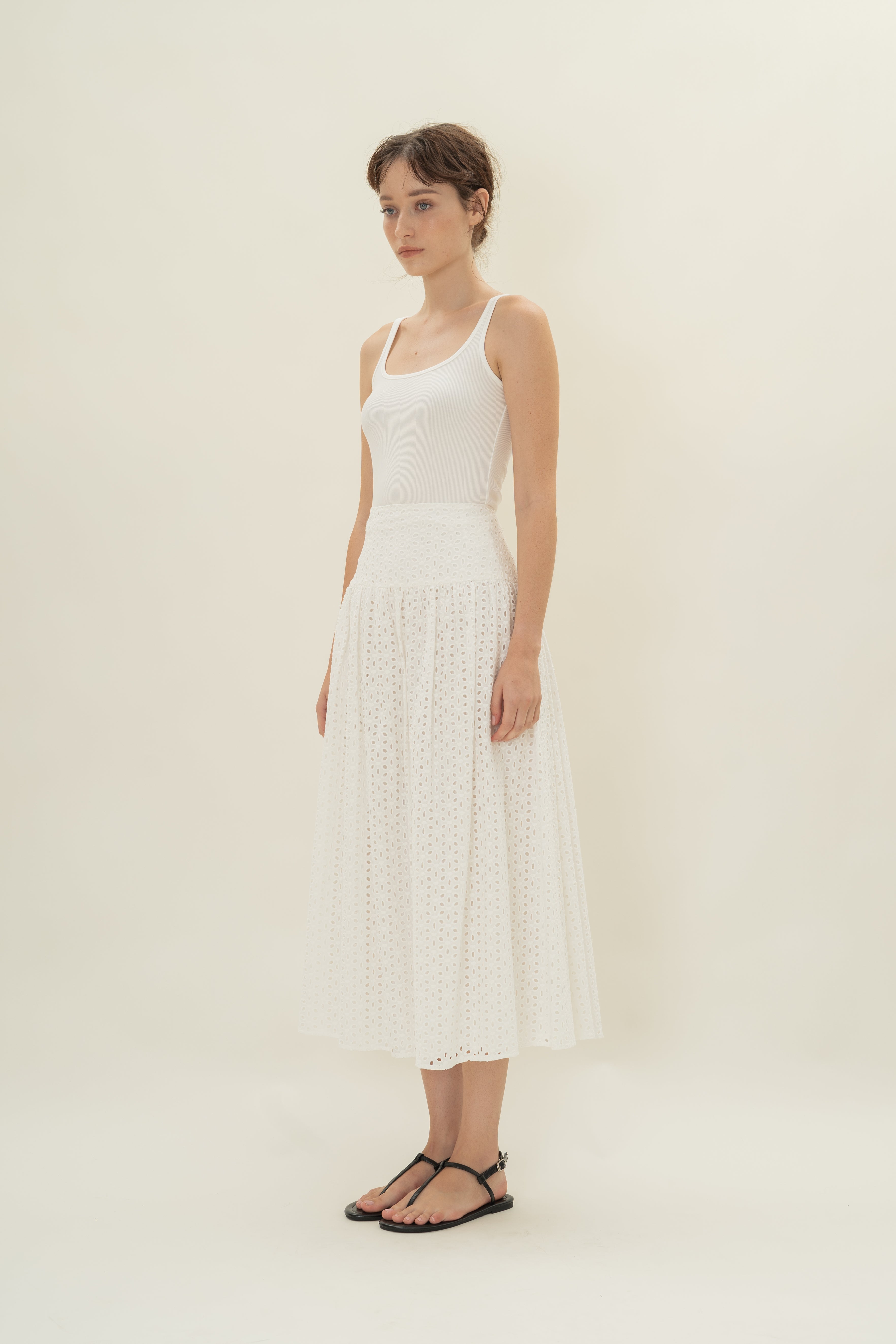 Gathered Panel Skirt in Broderie White