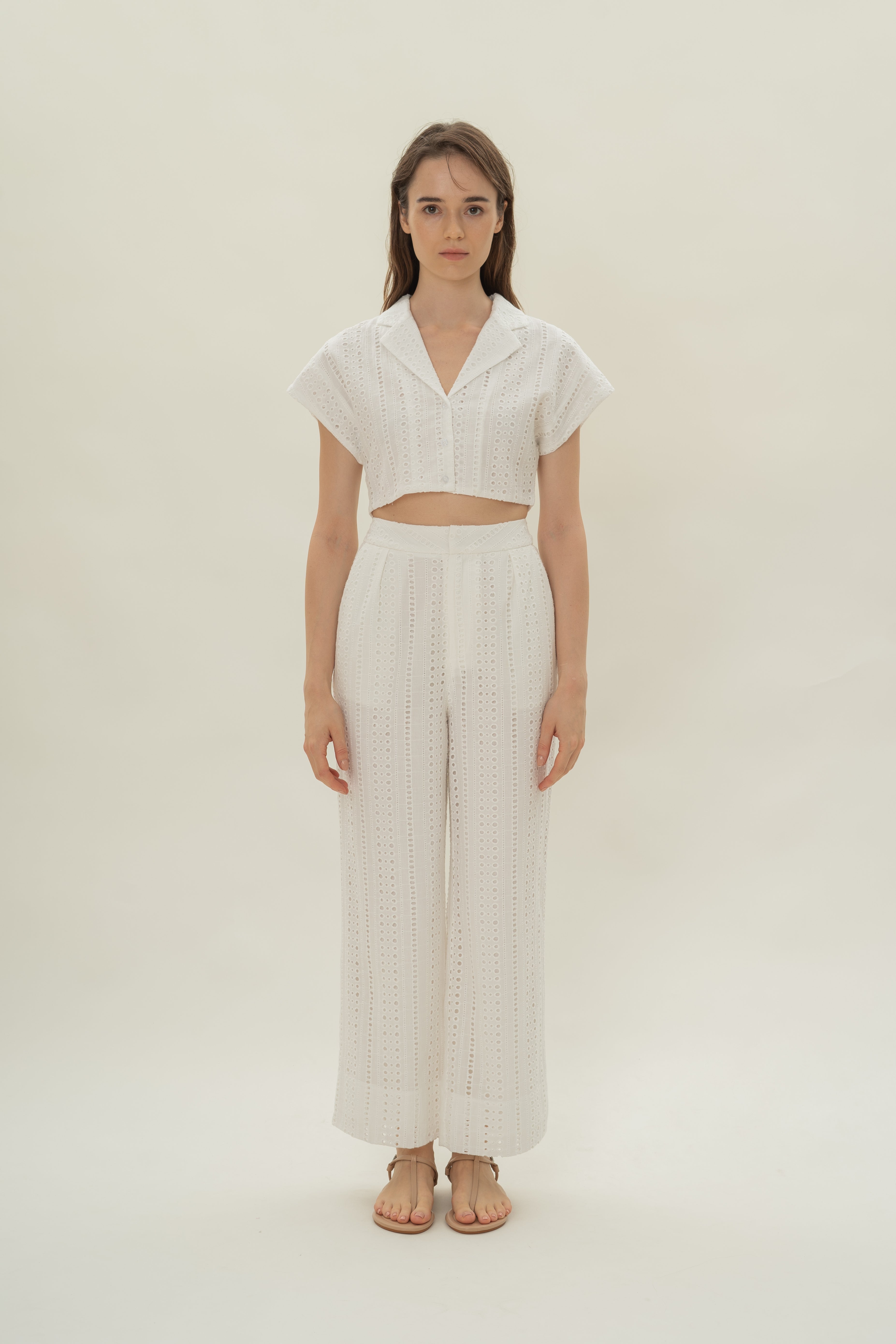 Broderie Anglaise Pleated Trousers in White