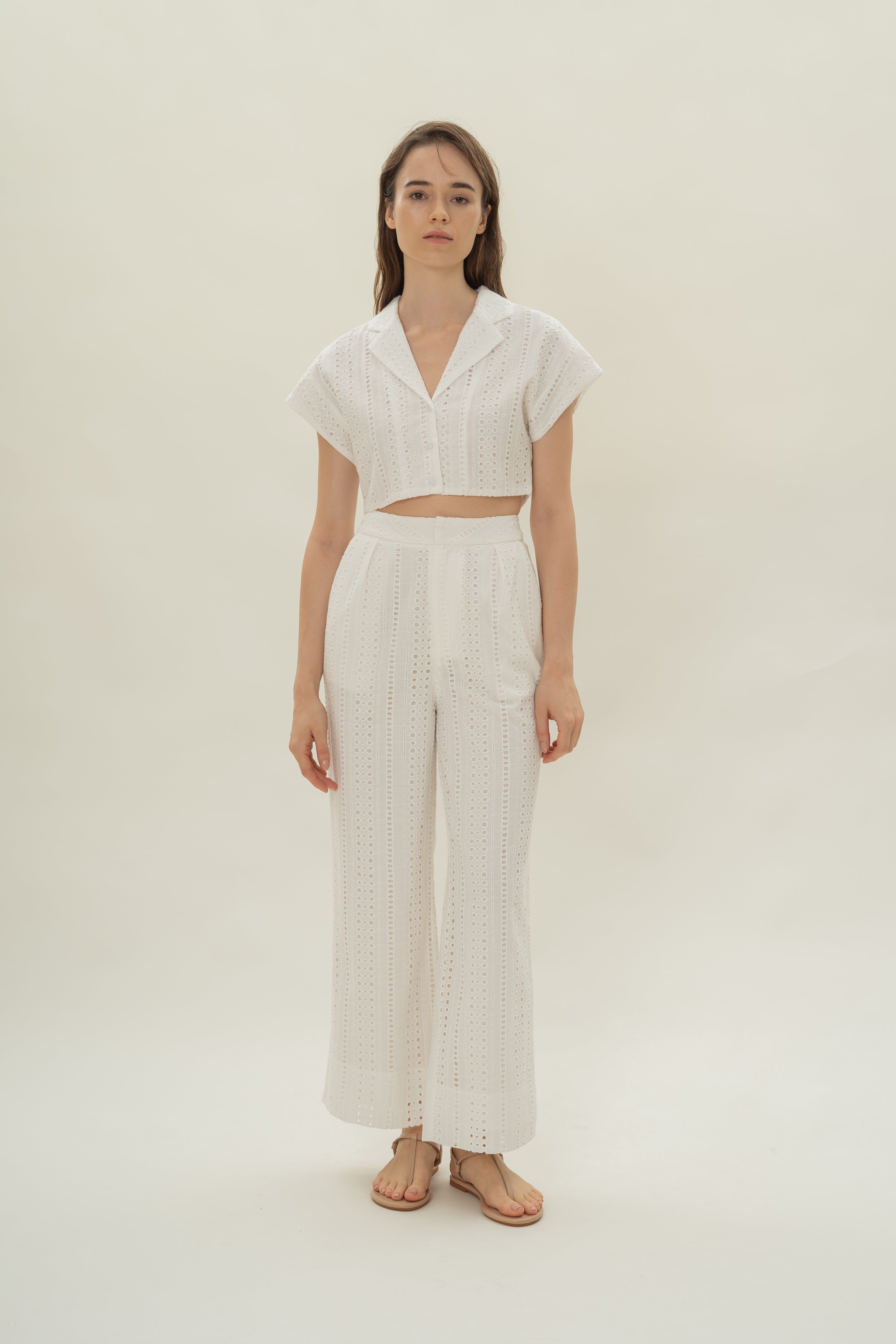 Broderie Anglaise Pleated Trousers in White