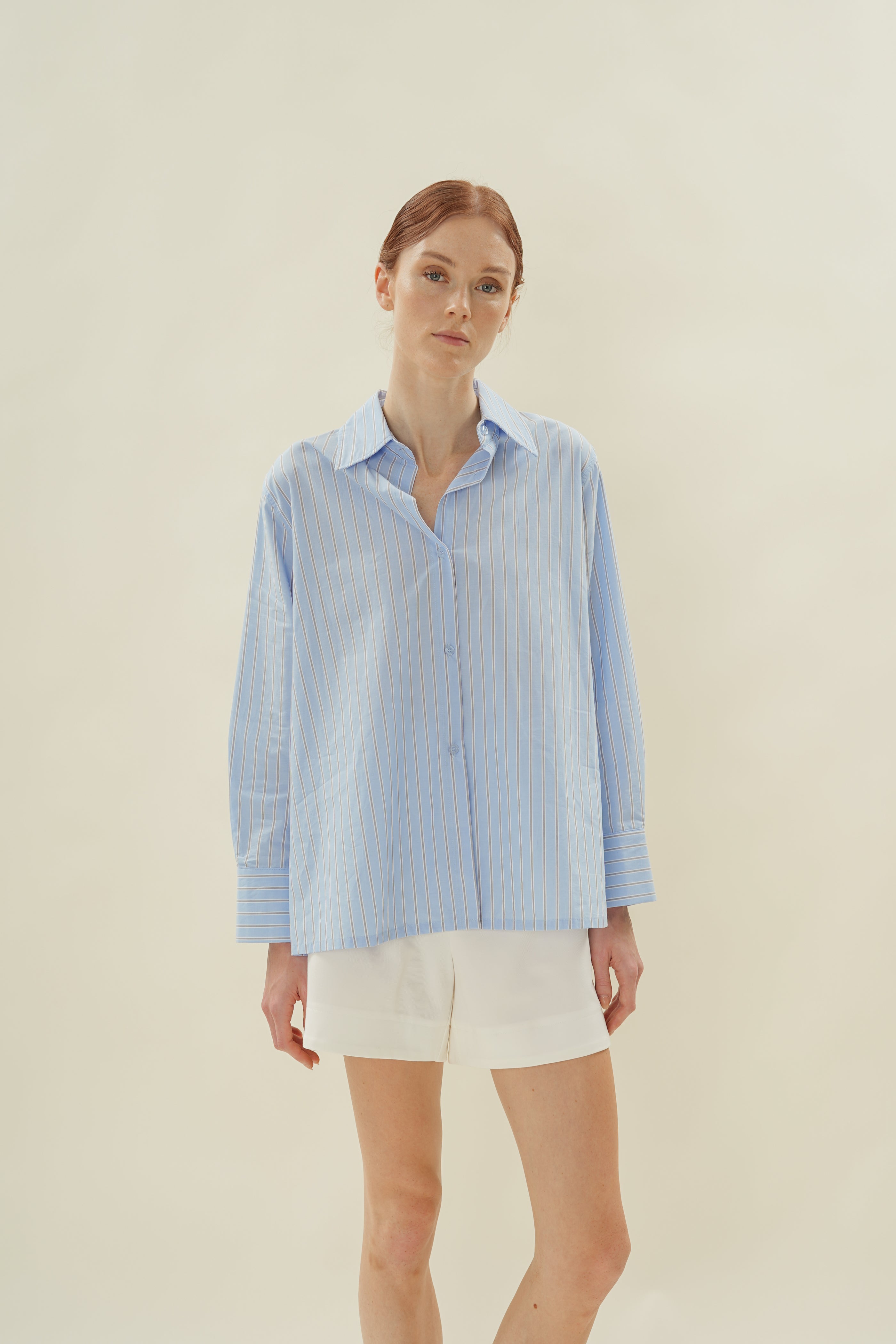 Oversized Wrap Shirt in Cotton Light Blue Stripes