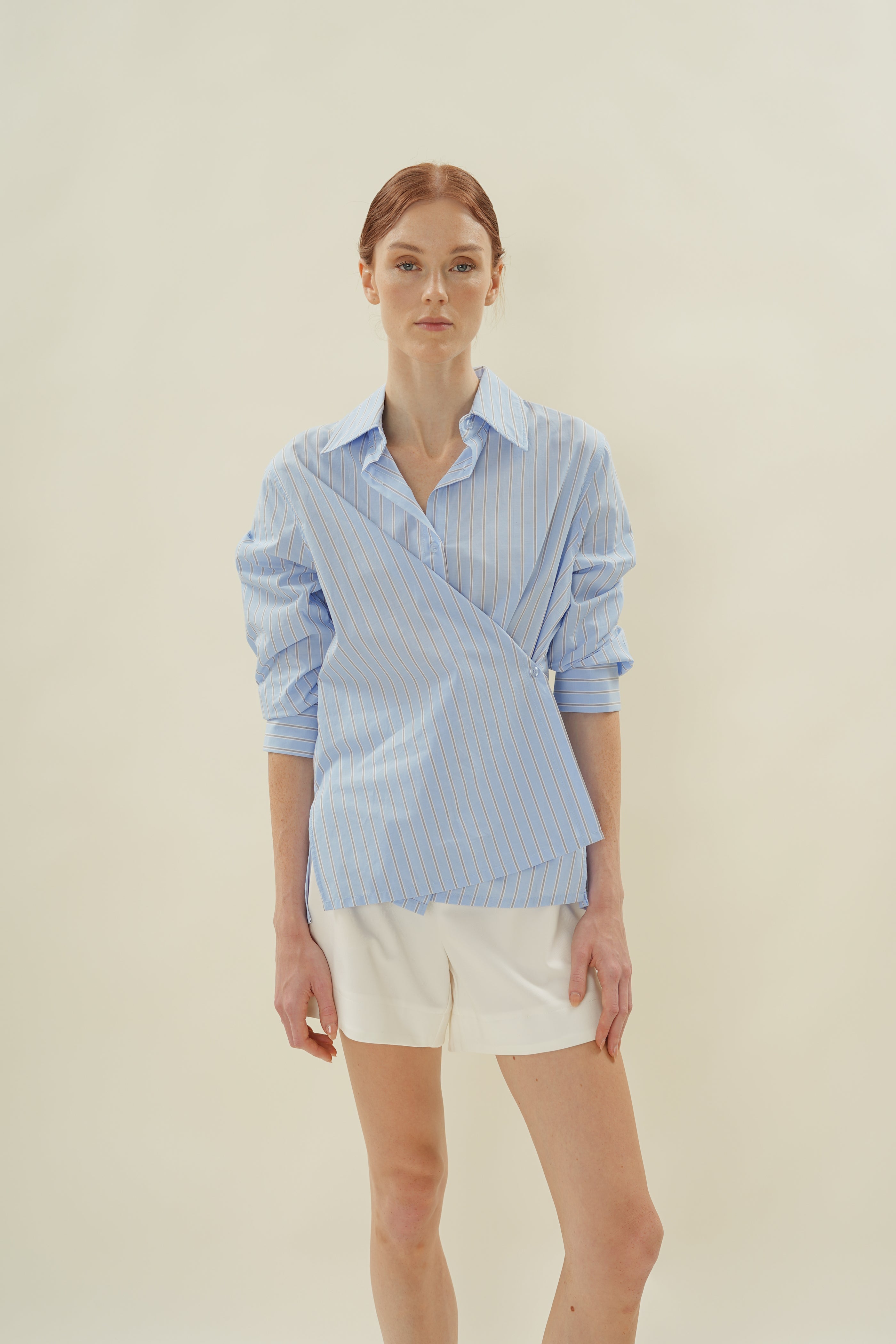 Oversized Wrap Shirt in Cotton Light Blue Stripes