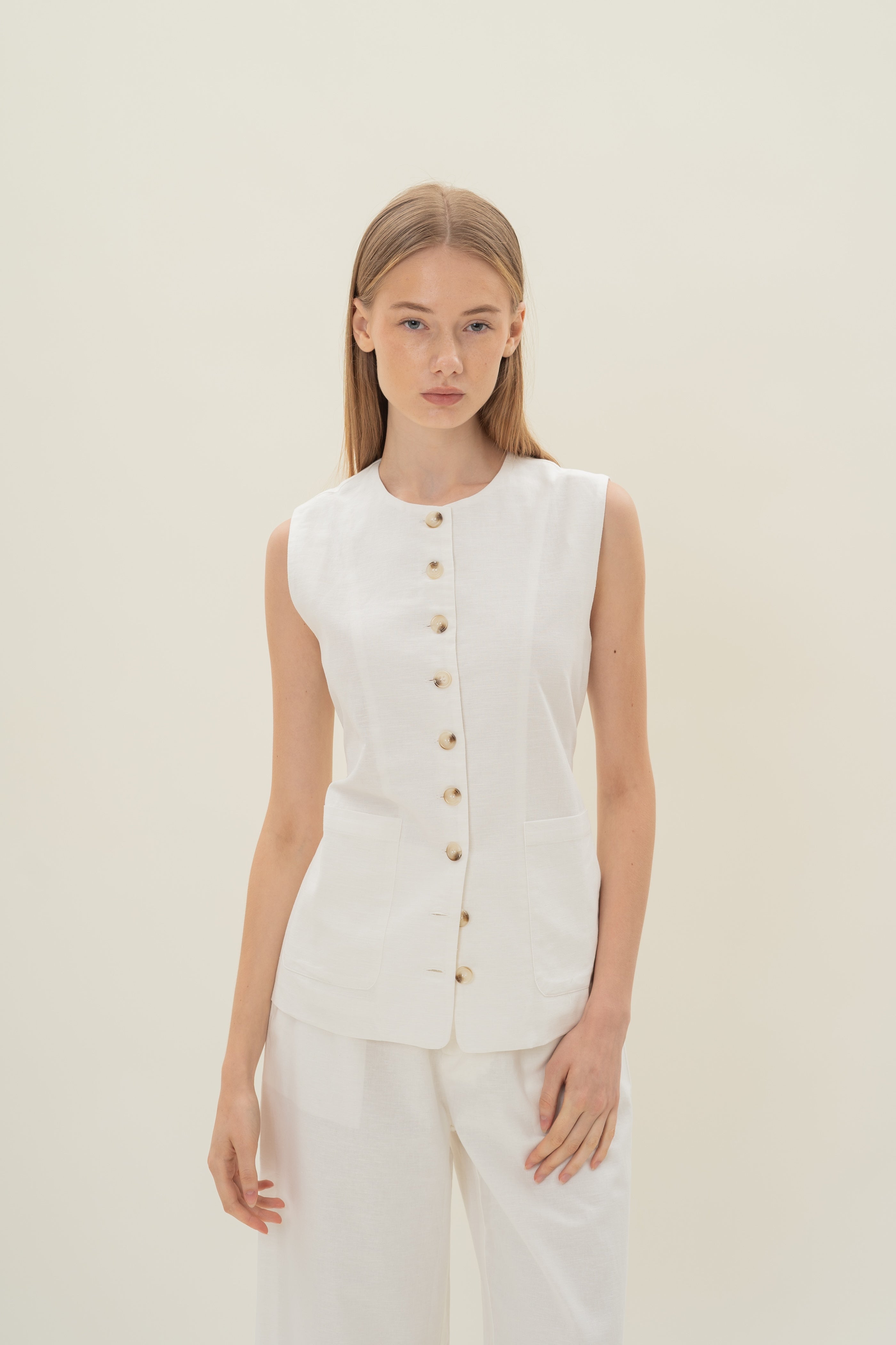 Long Round Neck Waistcoat in White