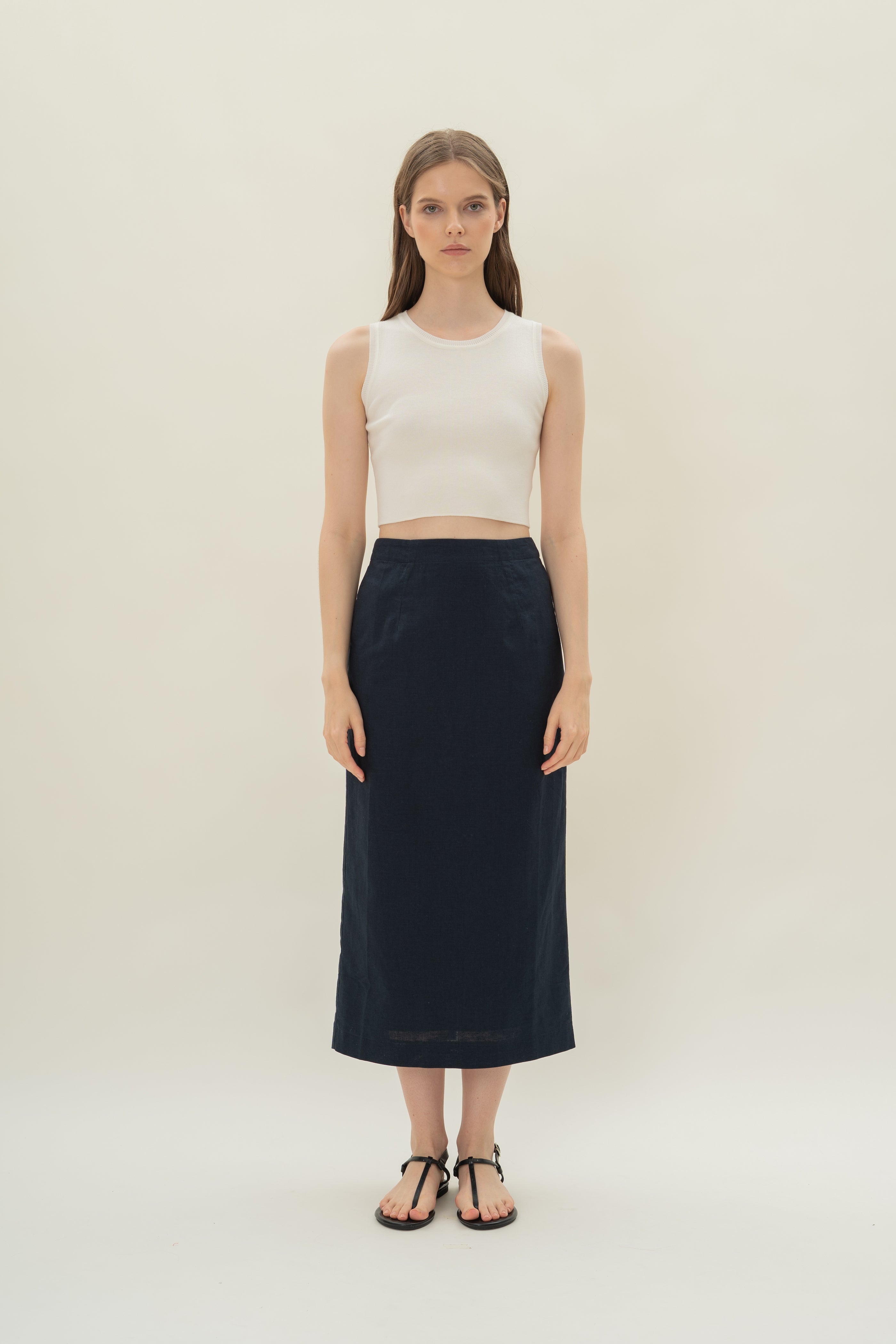 Linen Column Skirt in Midnight