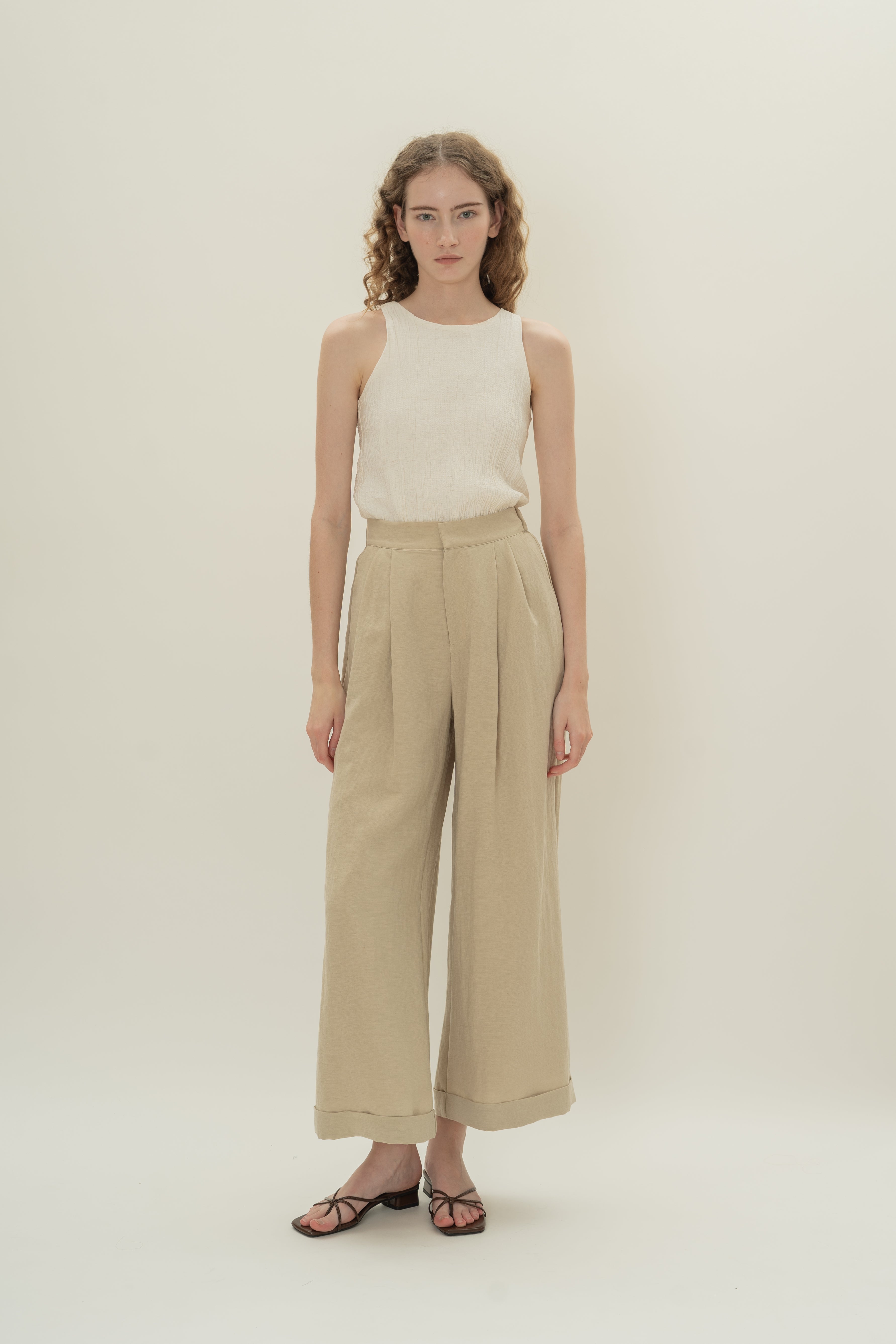 Wide-Leg Pleated Pants in Khaki