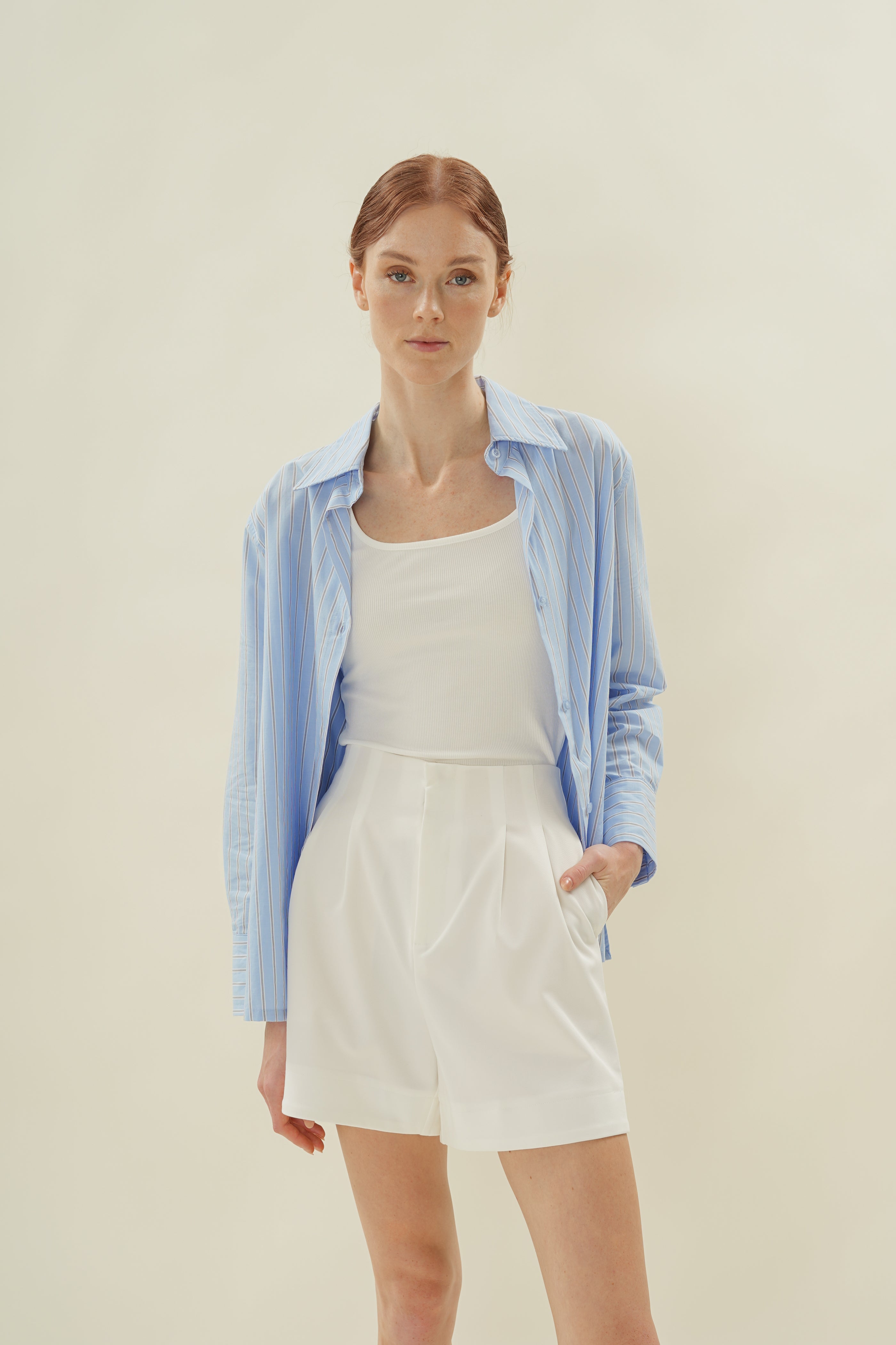 Oversized Wrap Shirt in Cotton Light Blue Stripes