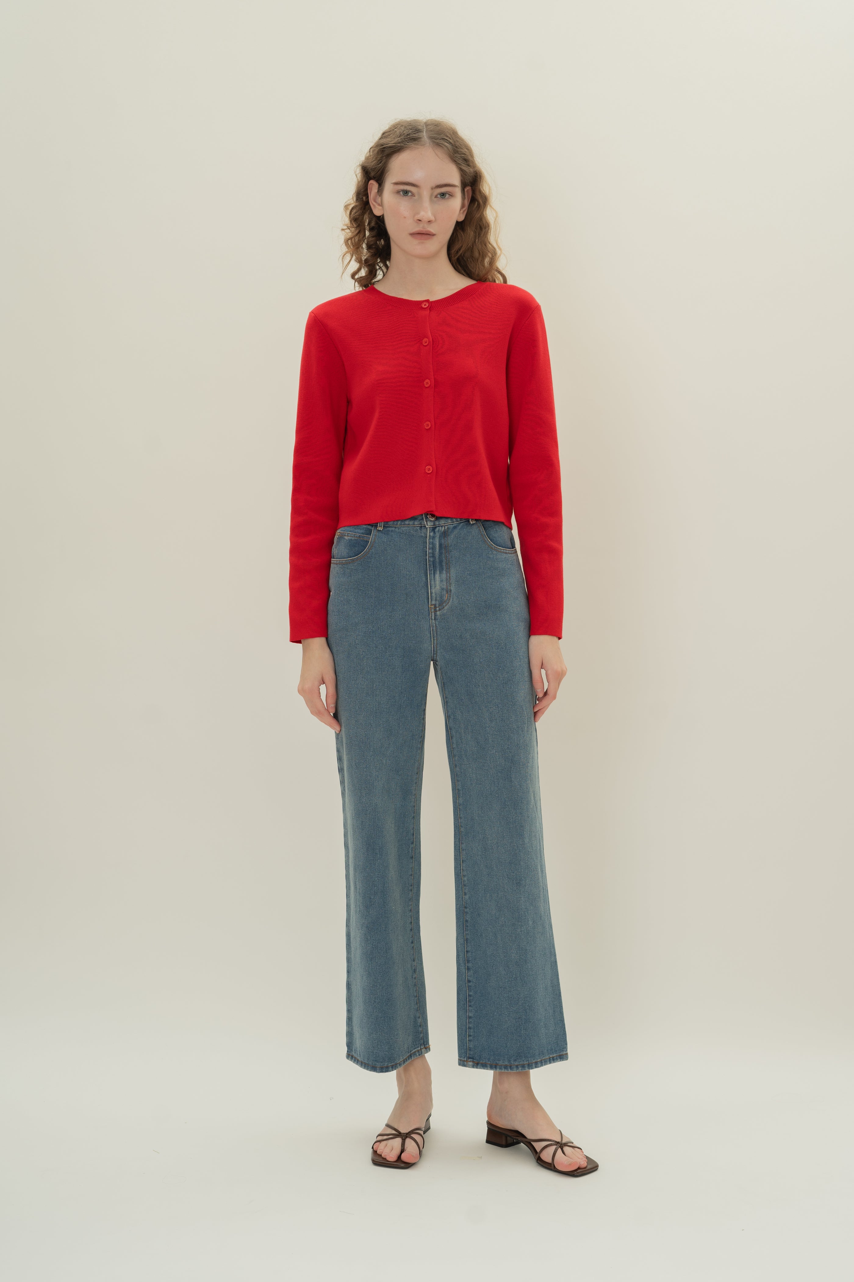 Round-Neck Knitted Cardigan in Scarlet Red