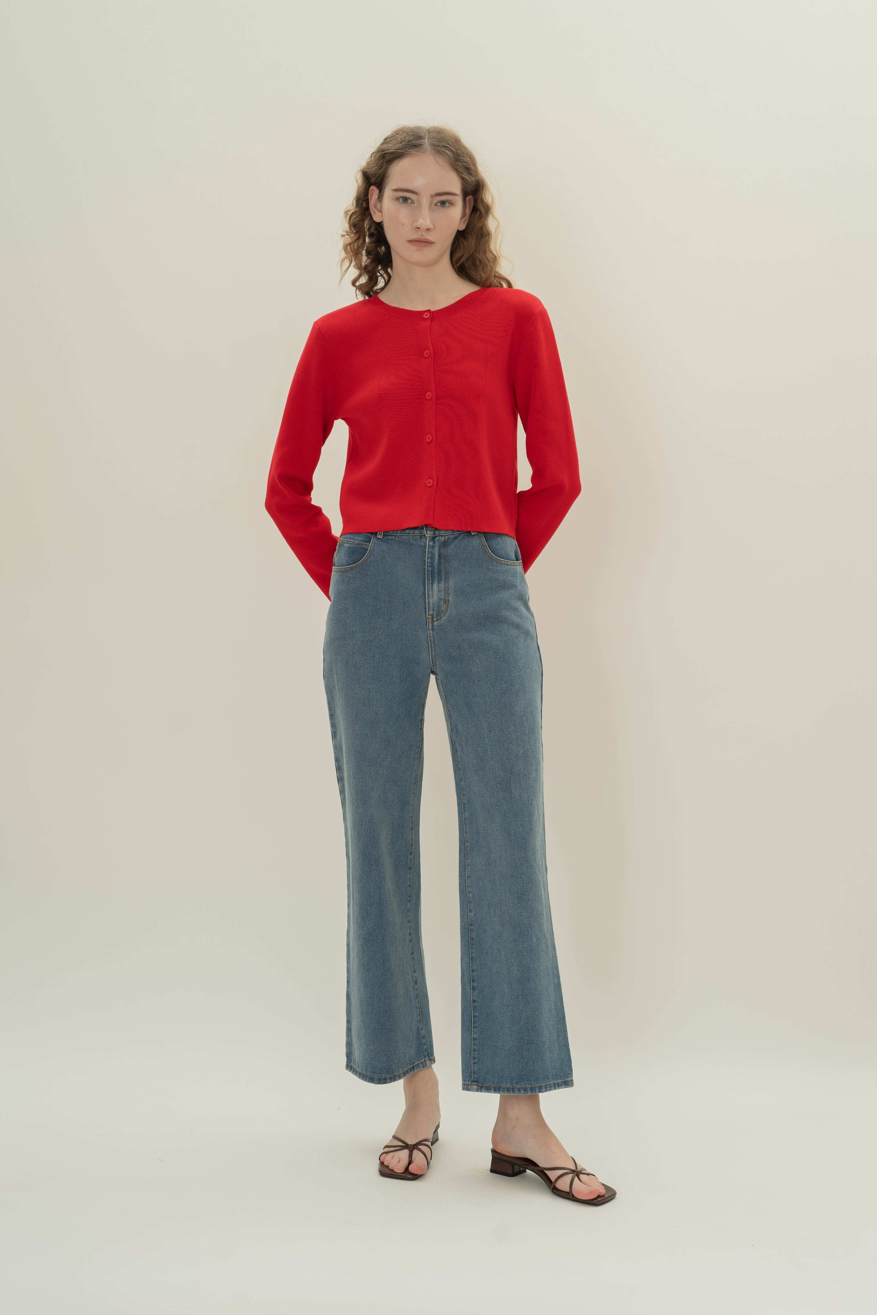 Round-Neck Knitted Cardigan in Scarlet Red