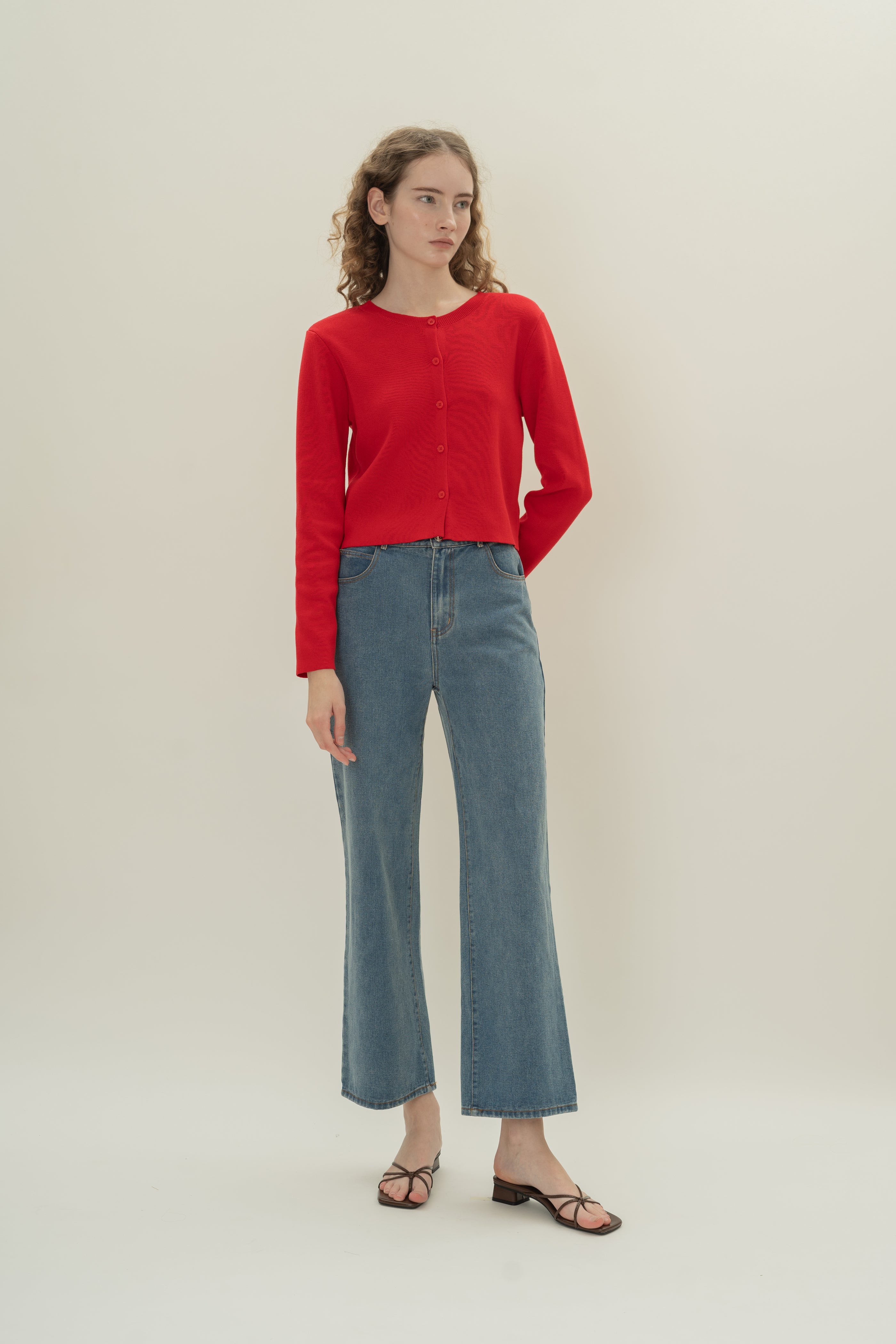 Round-Neck Knitted Cardigan in Scarlet Red