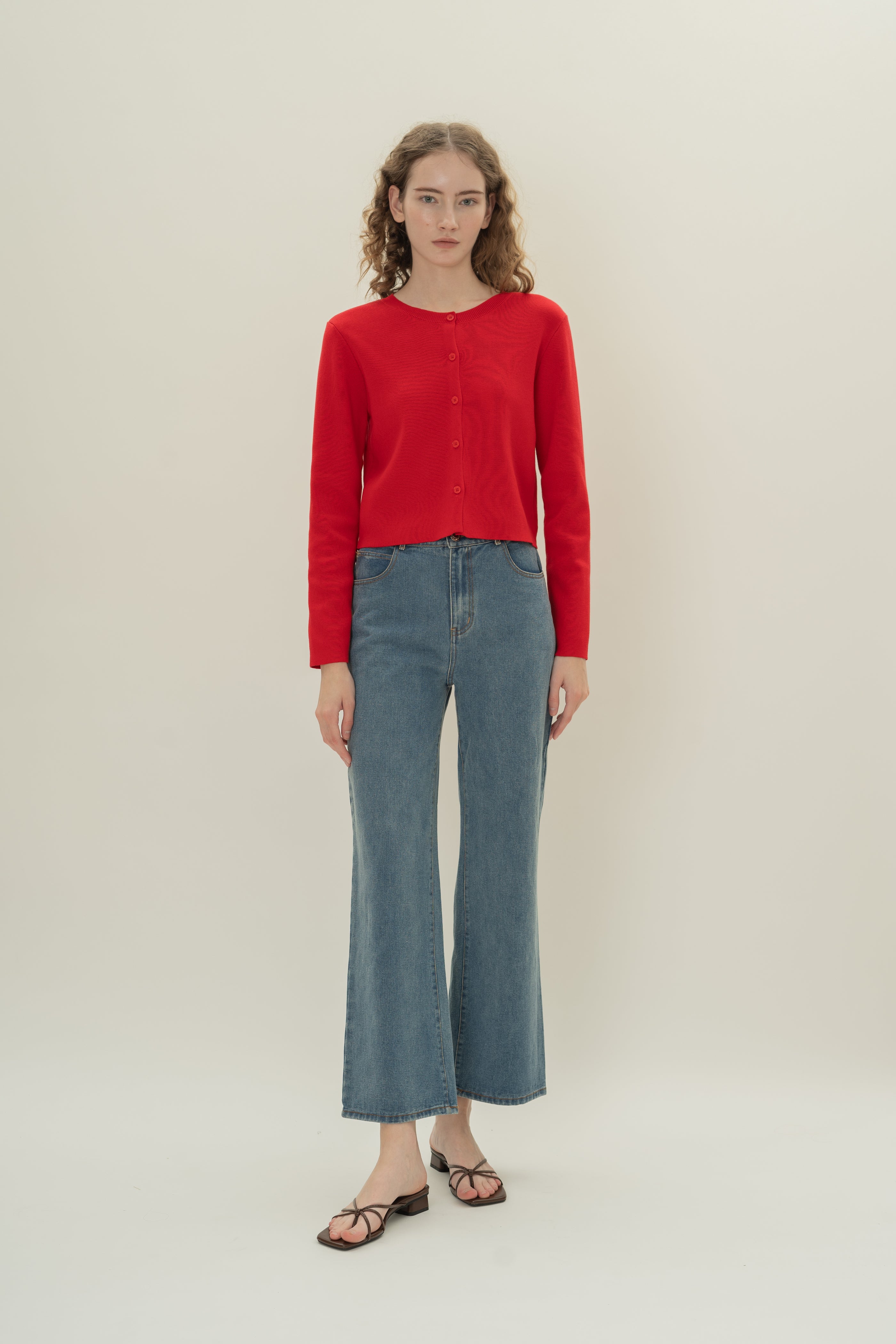 Round-Neck Knitted Cardigan in Scarlet Red