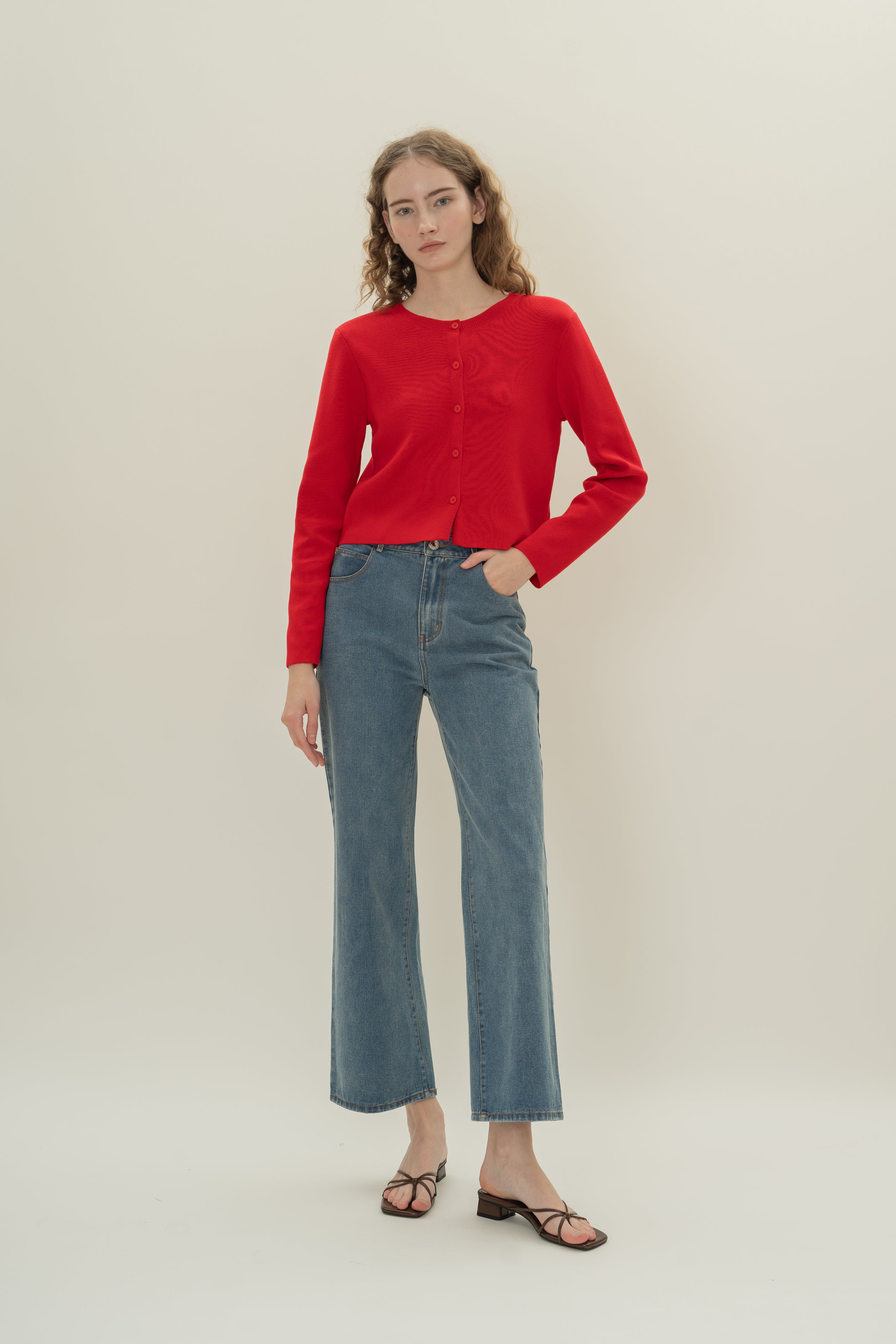 Round-Neck Knitted Cardigan in Scarlet Red