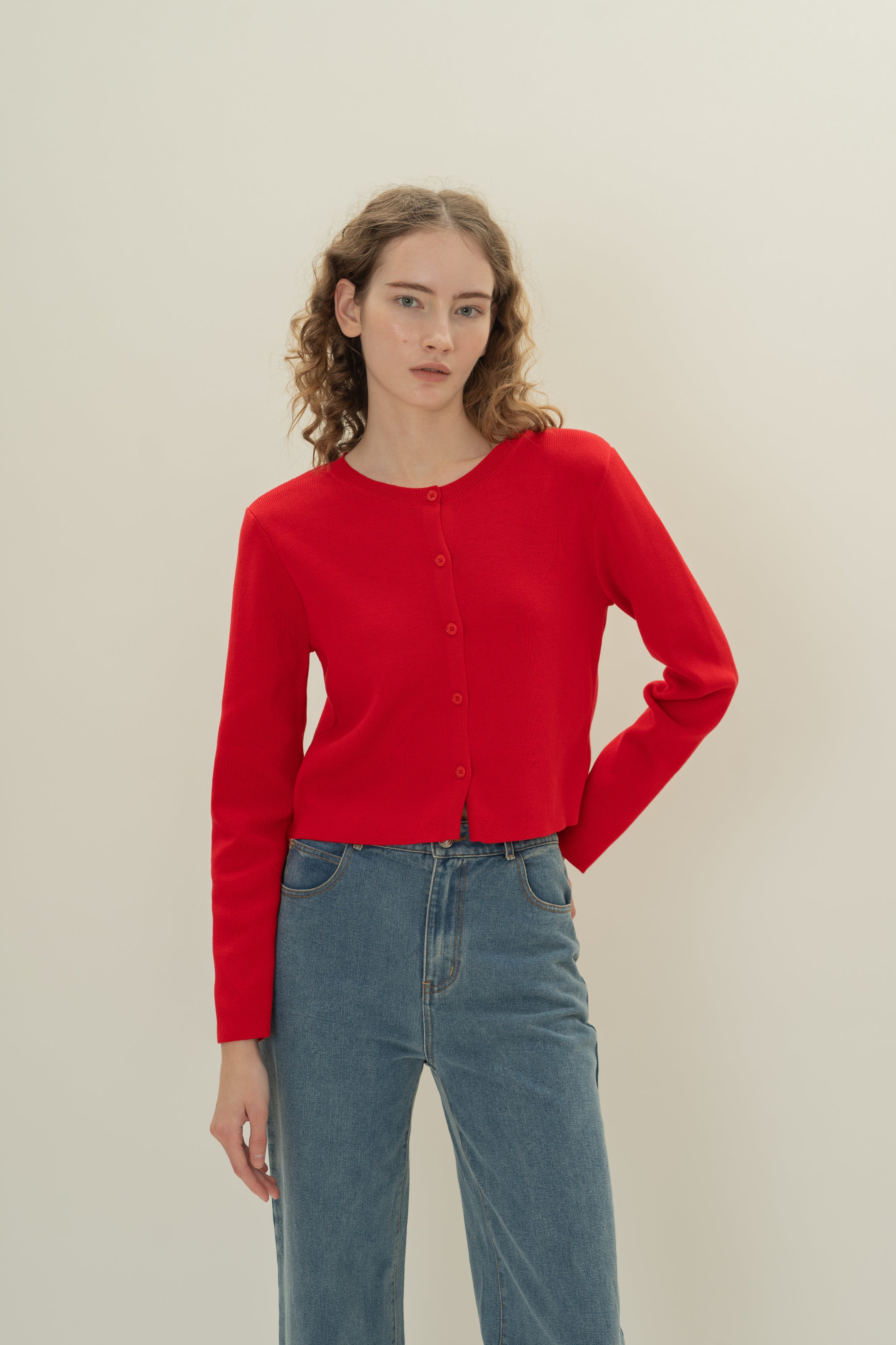 Round-Neck Knitted Cardigan in Scarlet Red