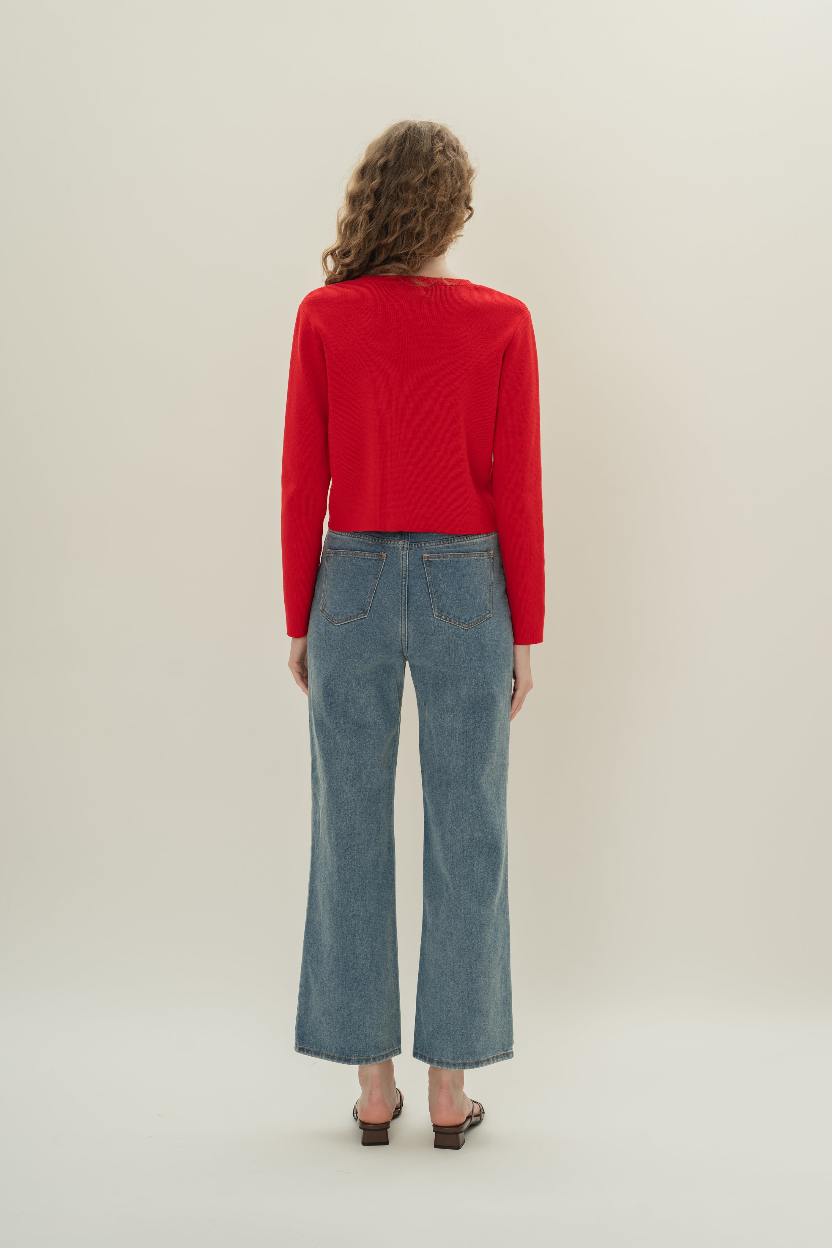 Round-Neck Knitted Cardigan in Scarlet Red