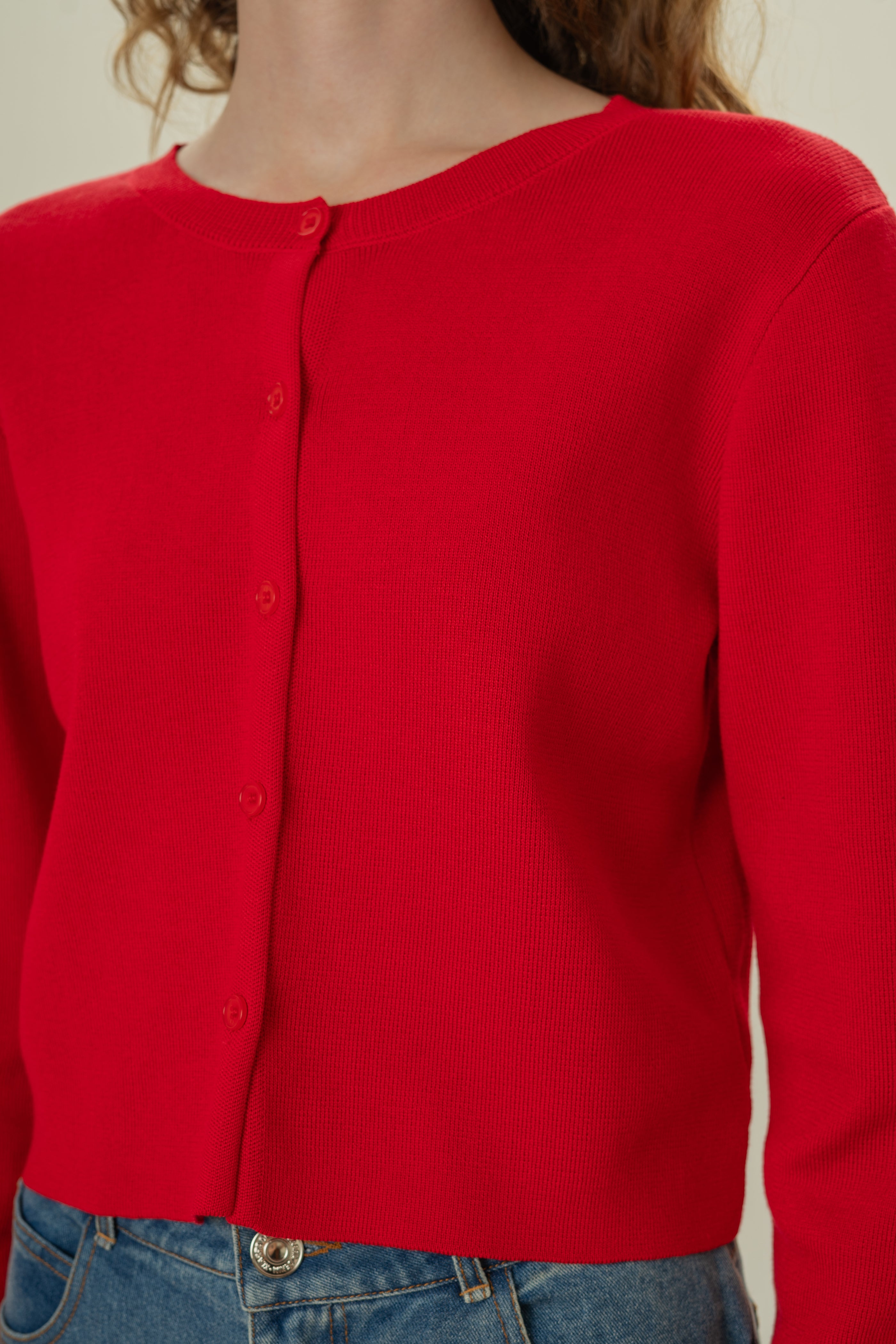 Round-Neck Knitted Cardigan in Scarlet Red