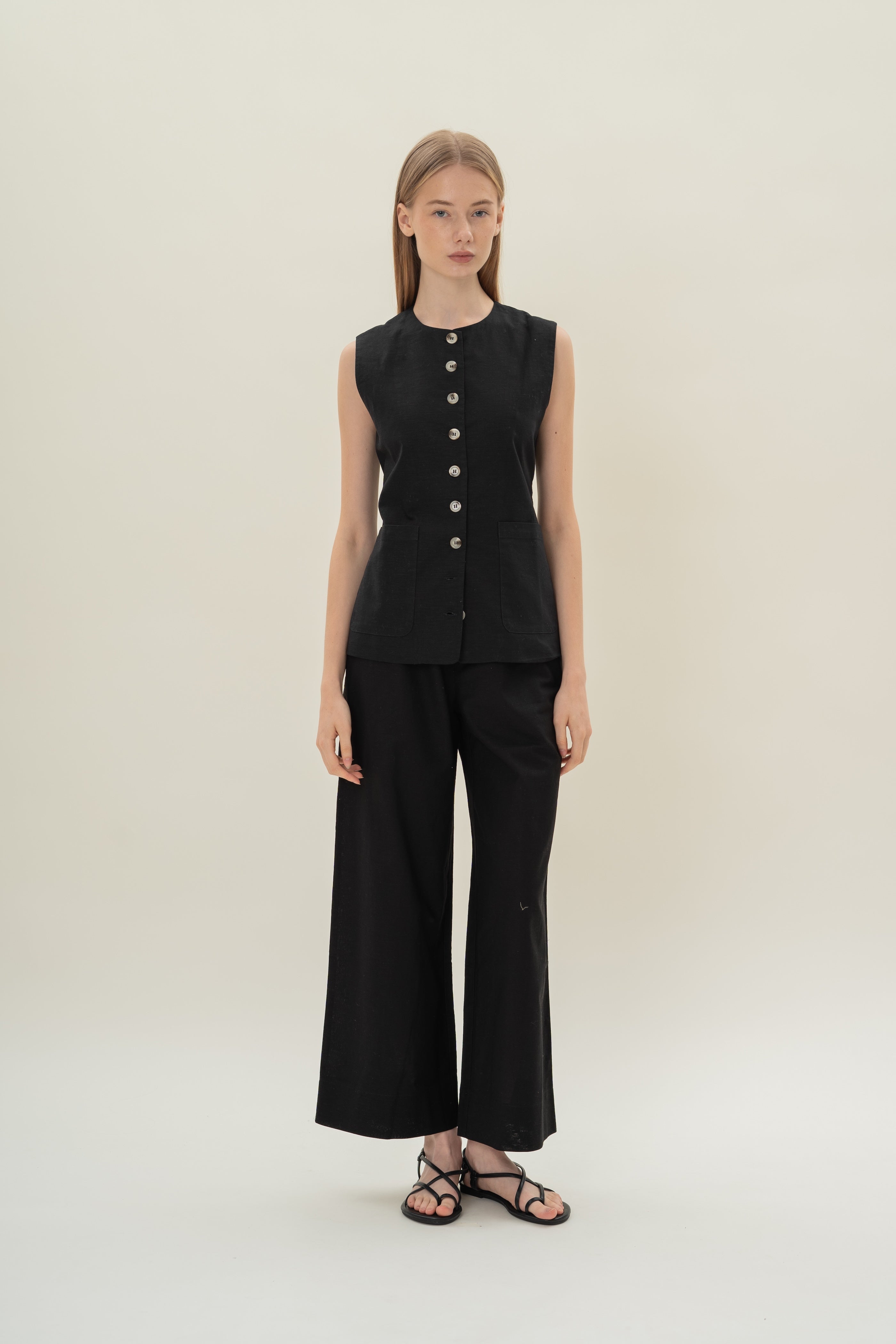 Long Round Neck Waistcoat in Black