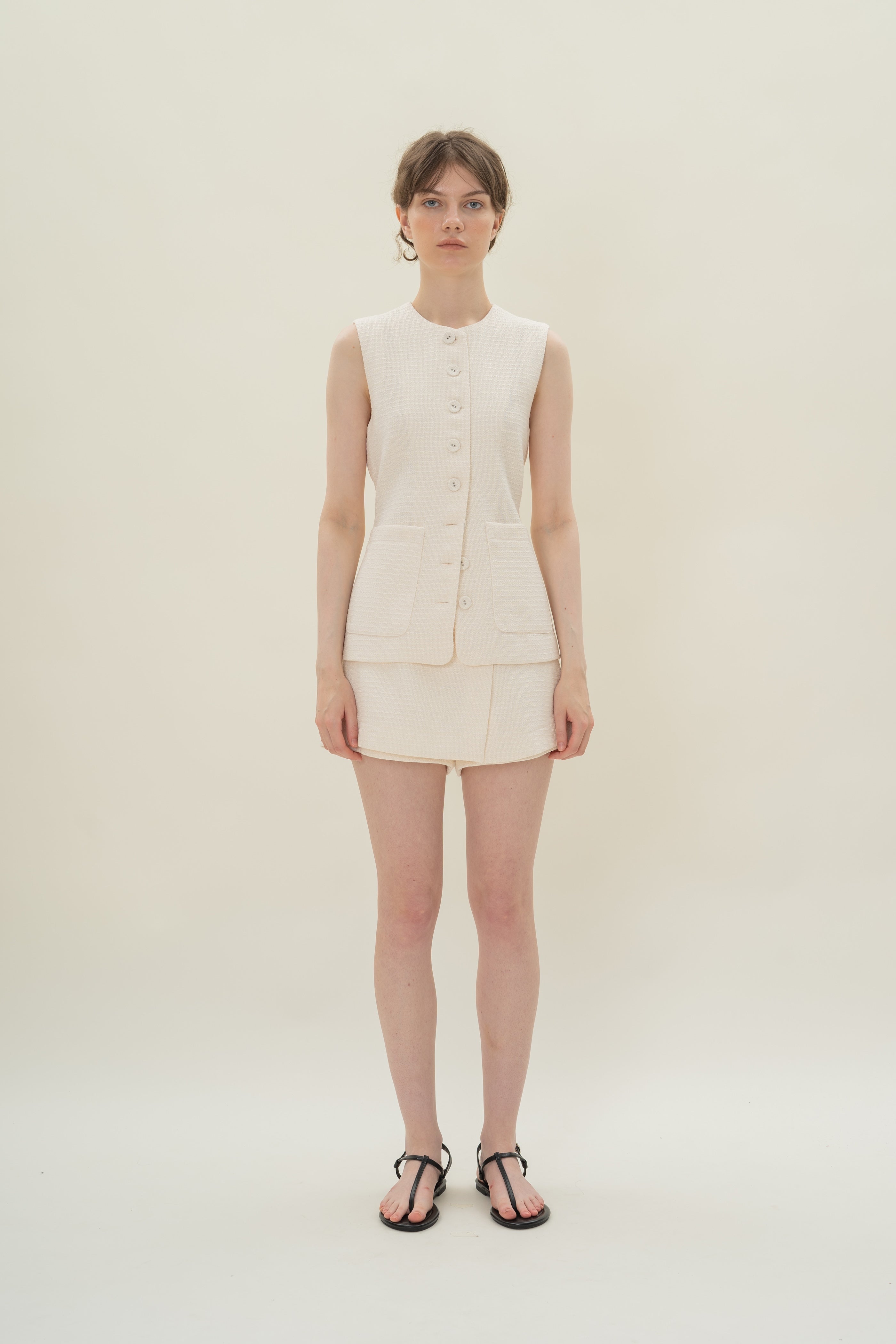 Textured Long Round Neck Waistcoat in Tweed White with Detachable Bow