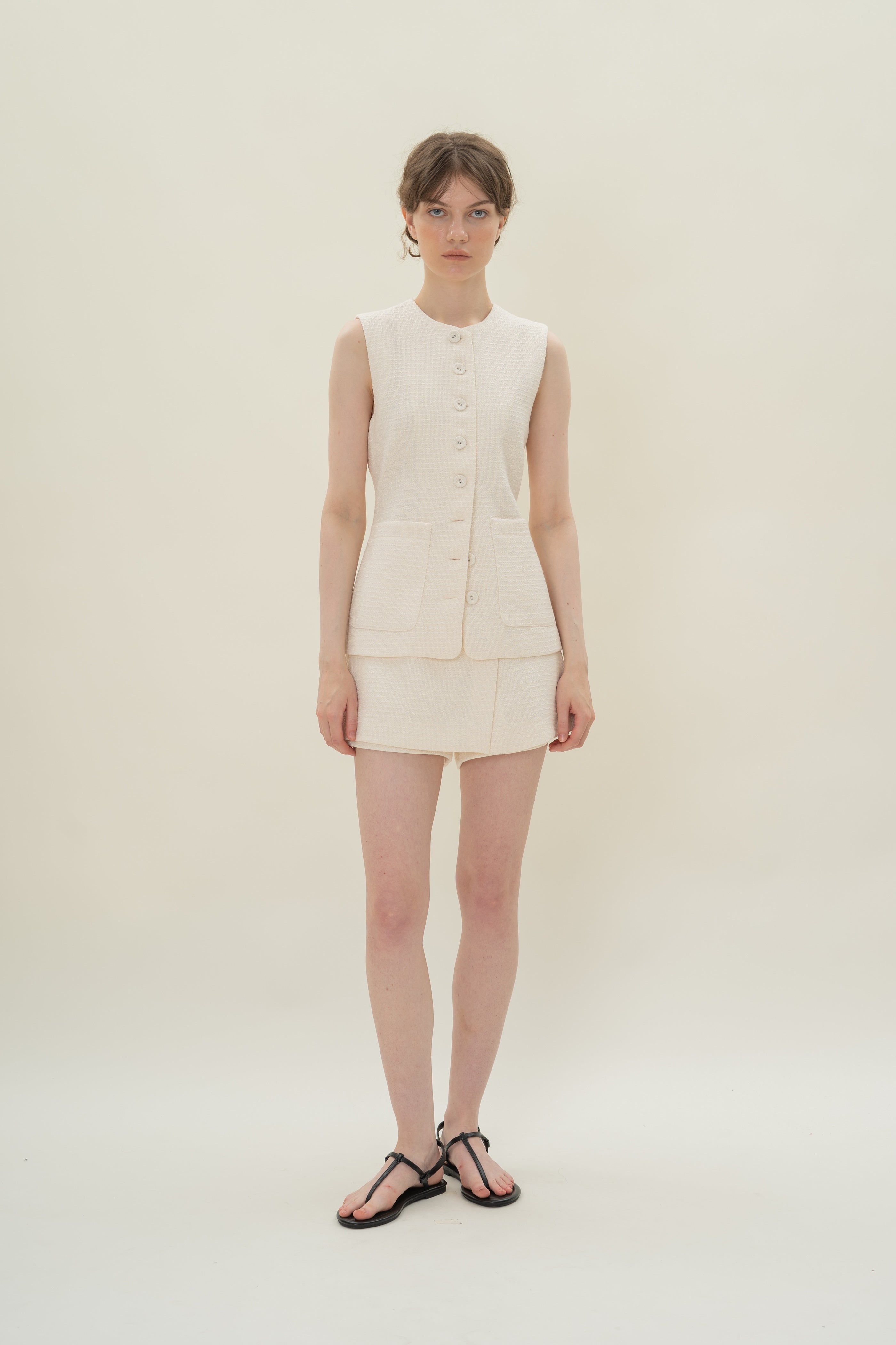 Textured Long Round Neck Waistcoat in Tweed White with Detachable Bow