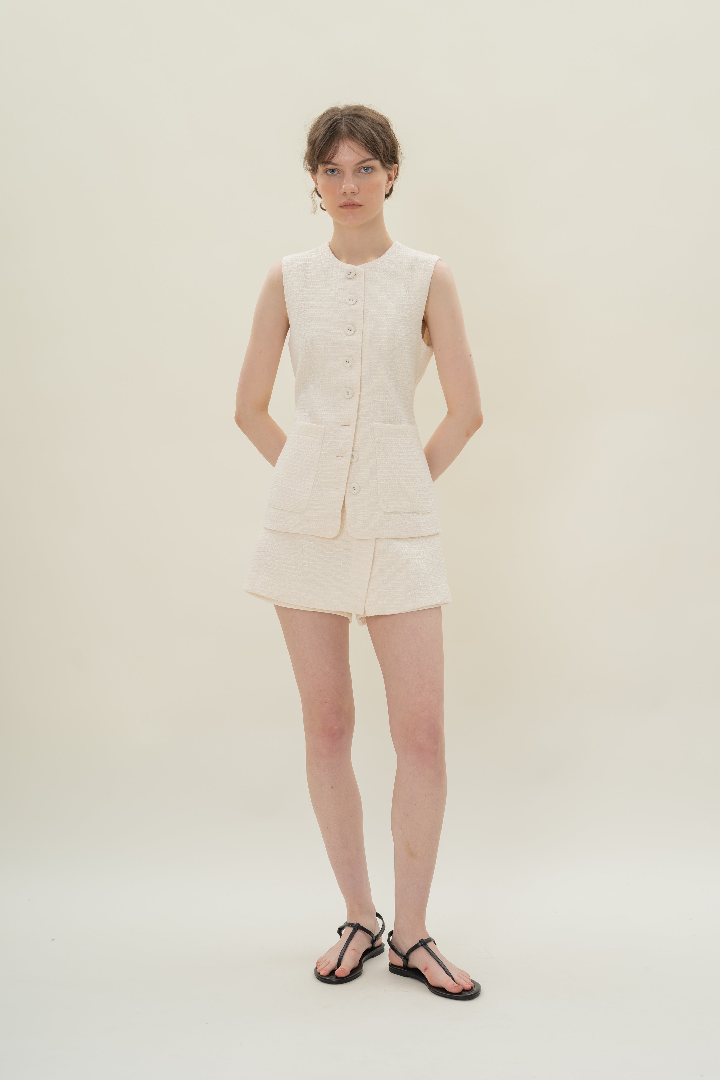 Textured Long Round Neck Waistcoat in Tweed White with Detachable Bow