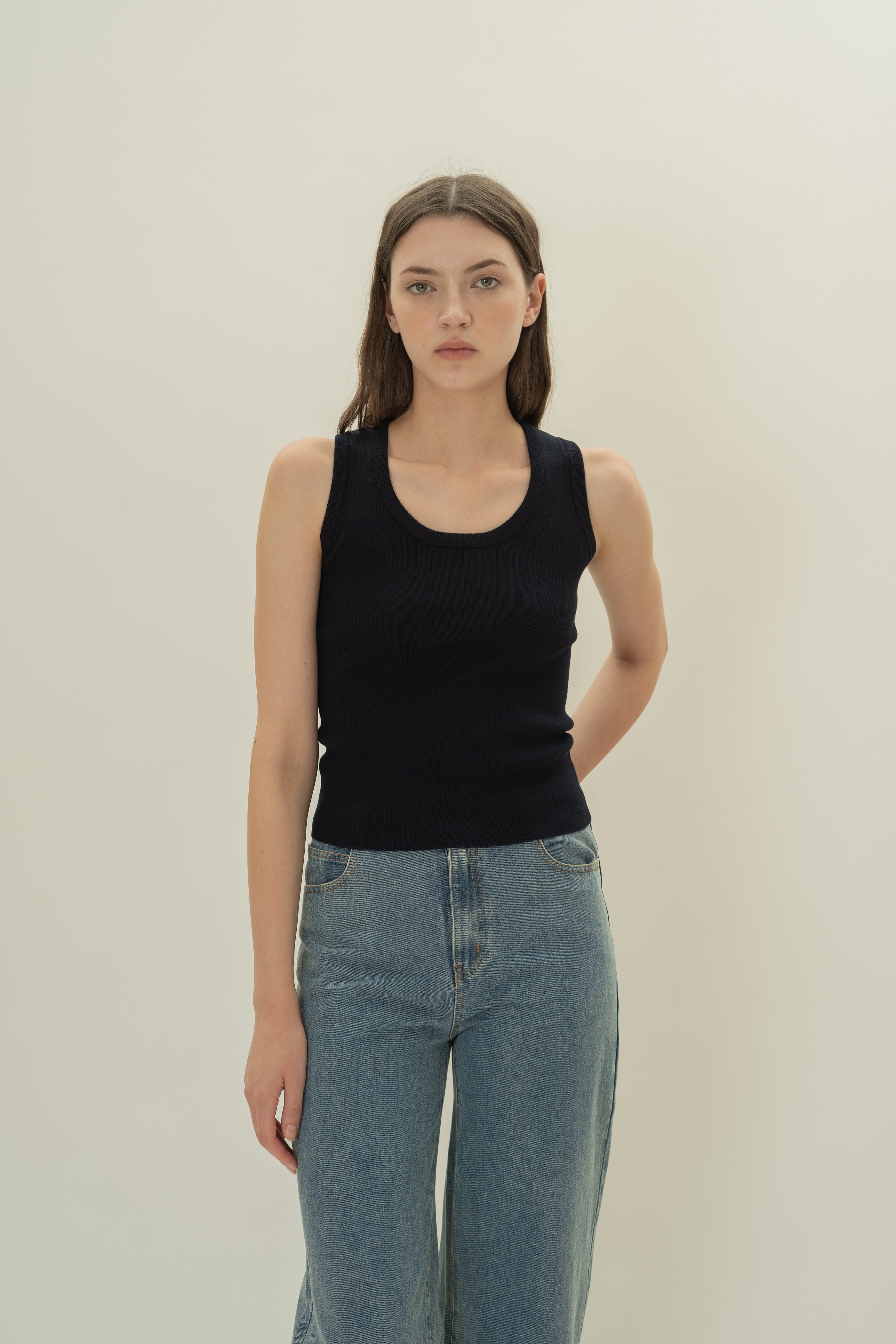 Round Neck Knitted Tank in Midnight