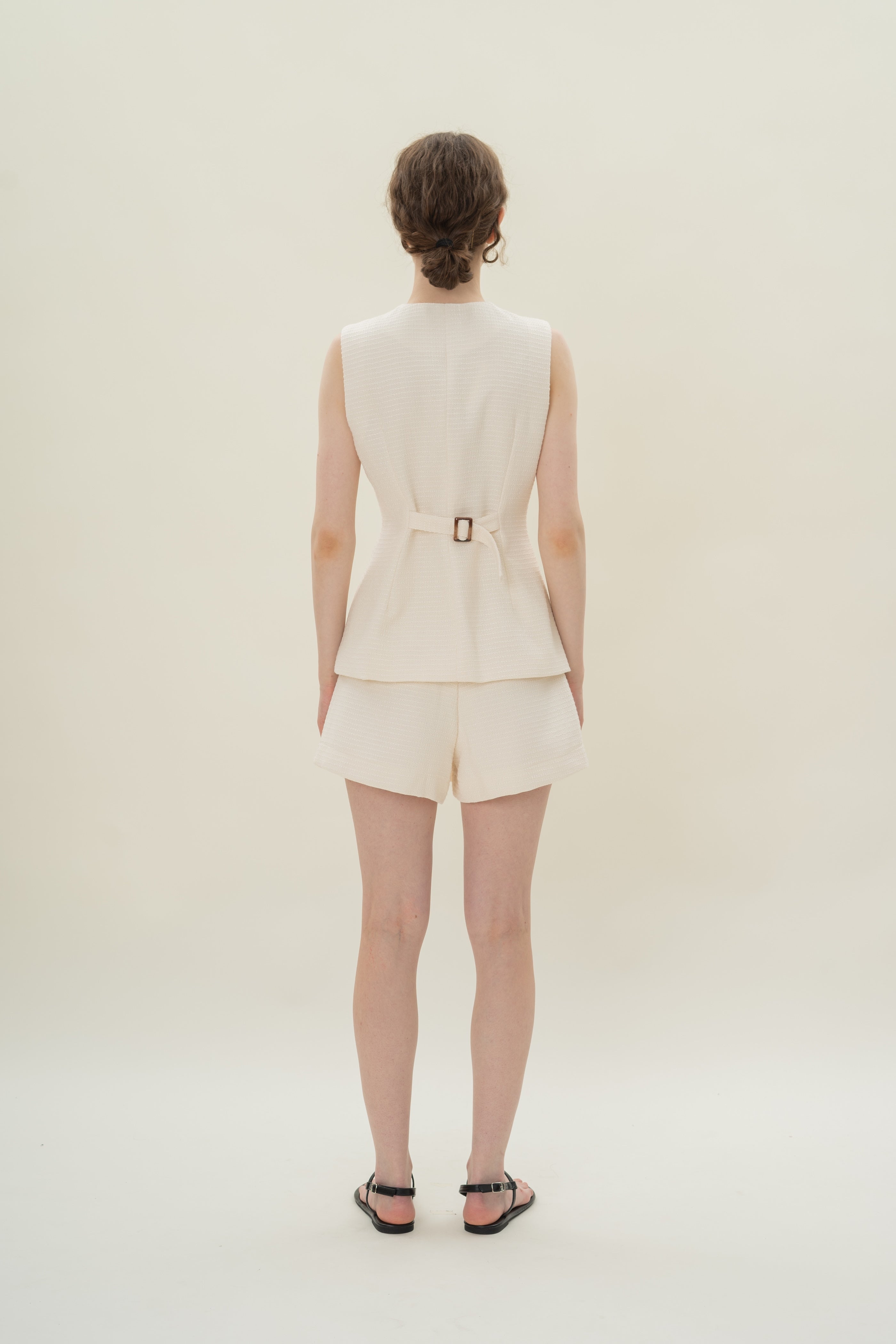 Textured Long Round Neck Waistcoat in Tweed White with Detachable Bow