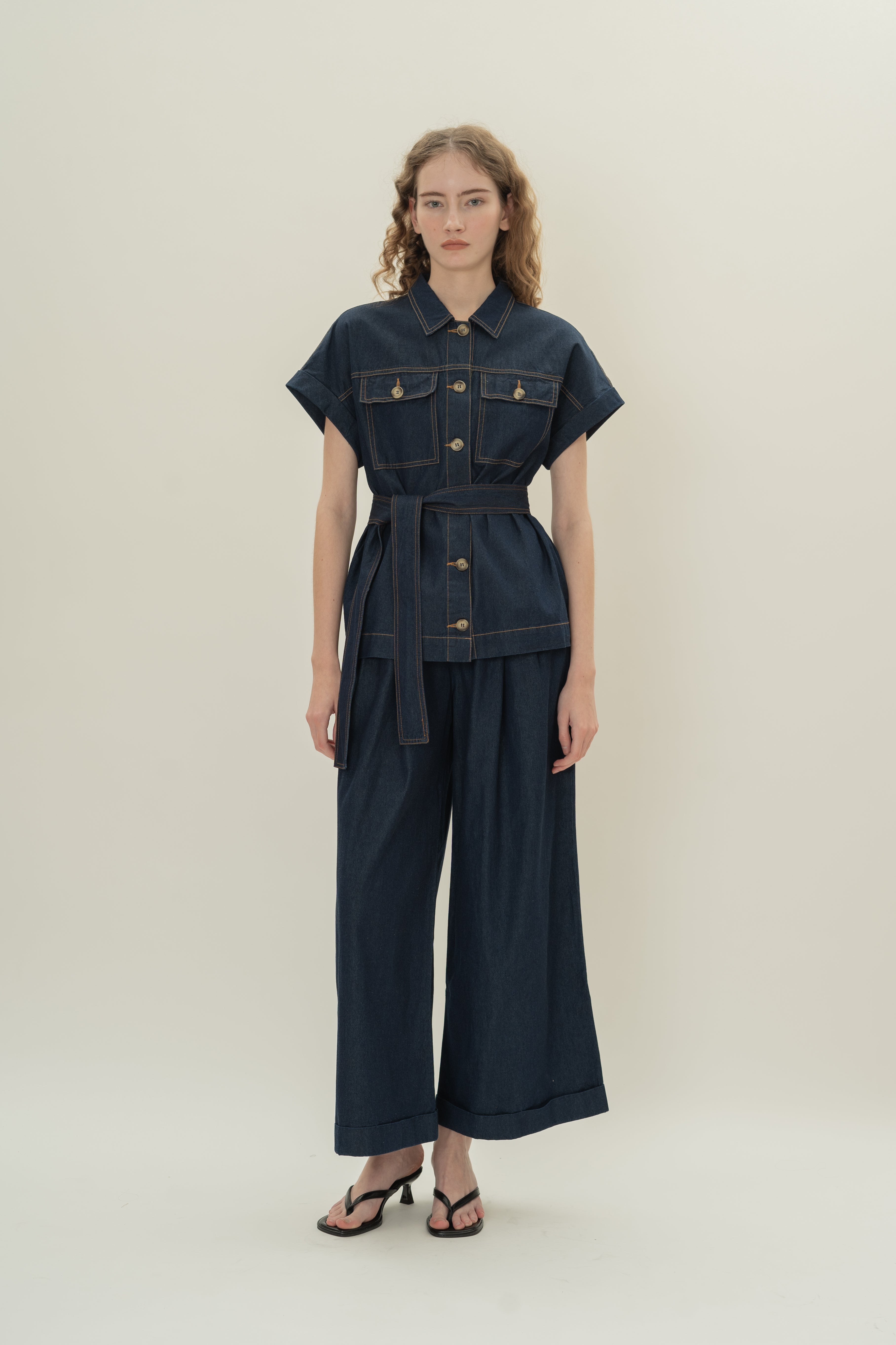 Relaxed Denim Button Shirt Top in Dark Wash