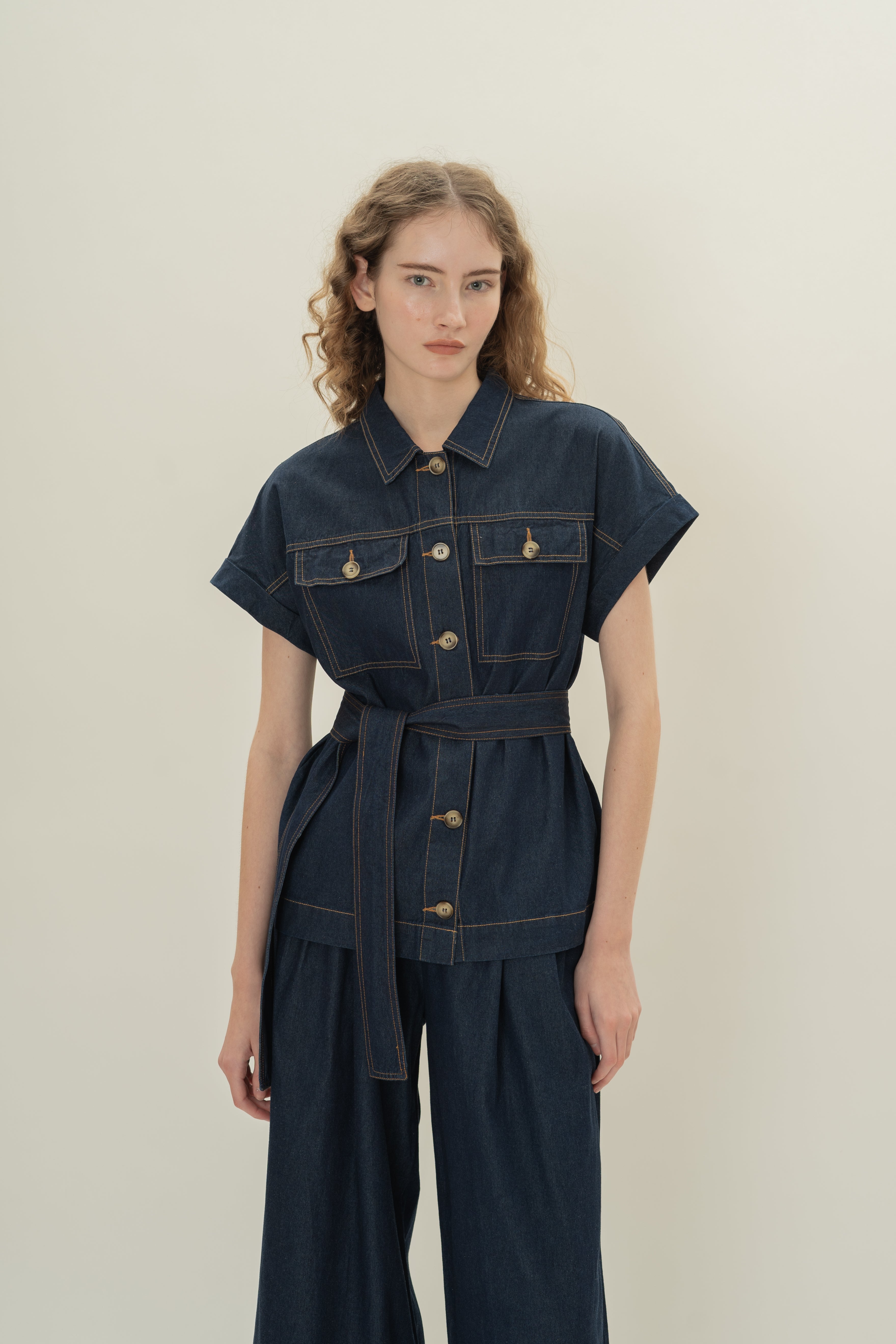 Relaxed Denim Button Shirt Top in Dark Wash