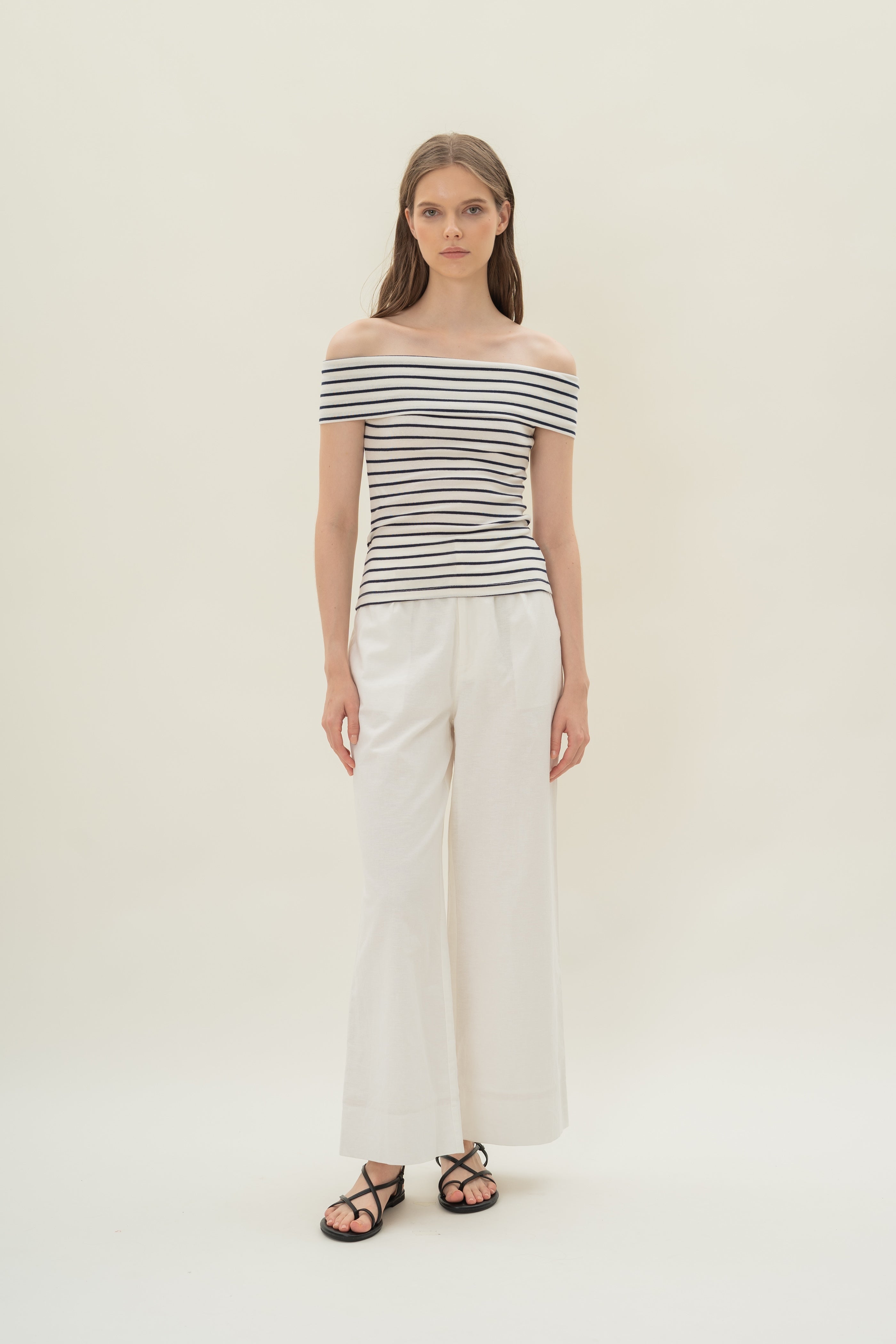 Off Shoulder Stripe Top in Navy Stripe