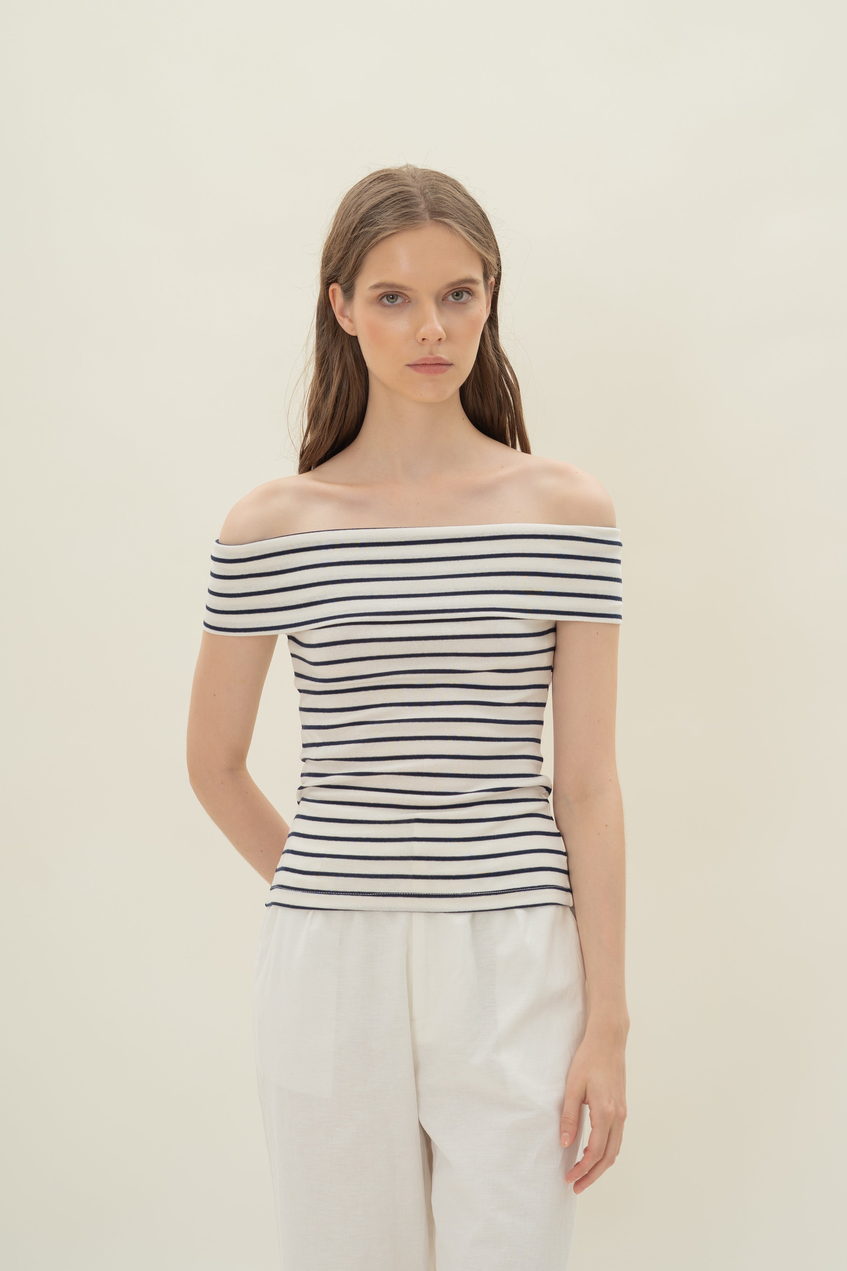 Off Shoulder Stripe Top in Navy Stripe