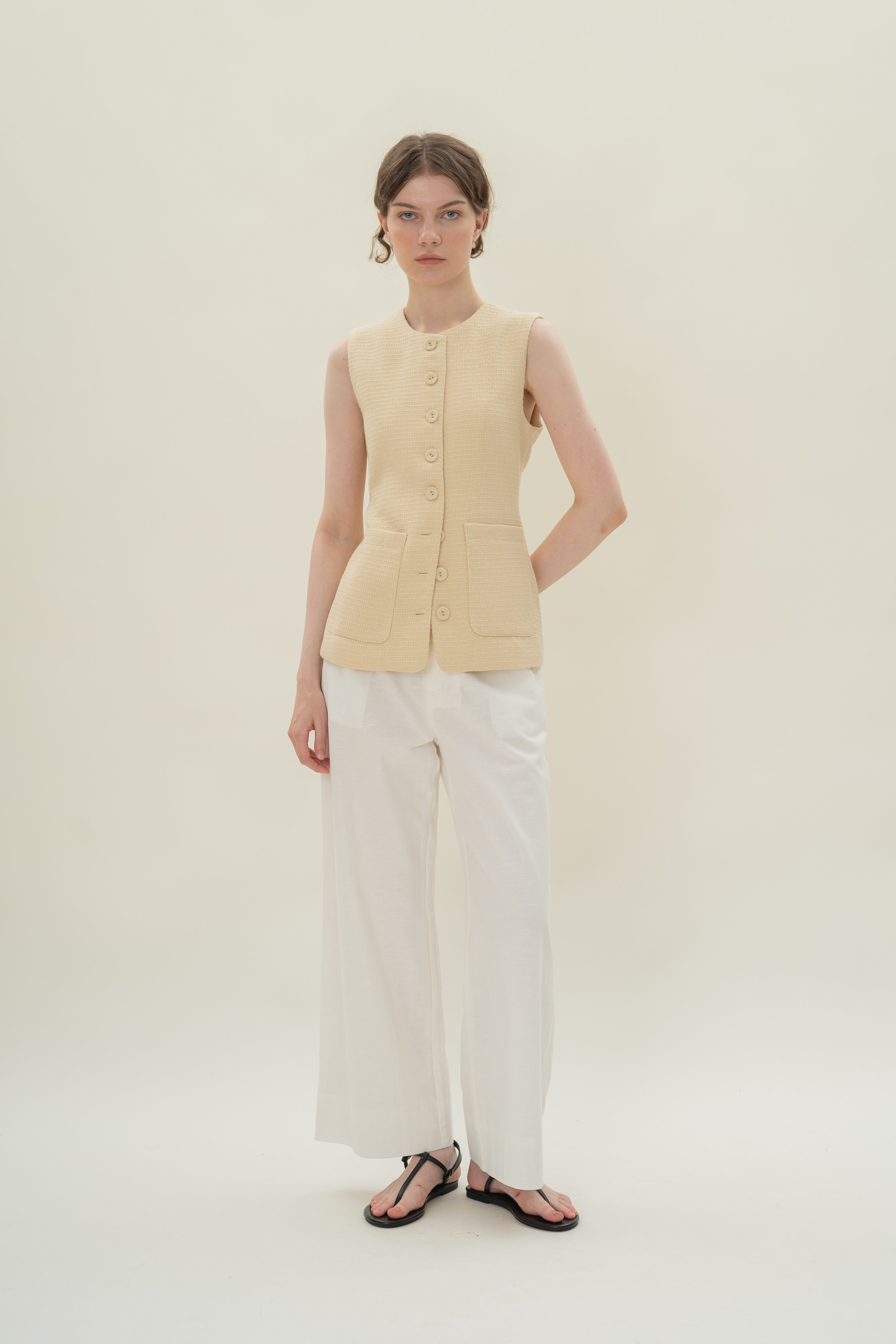 Textured Long Round Neck Waistcoat in Tweed Yellow with Detachable Bow