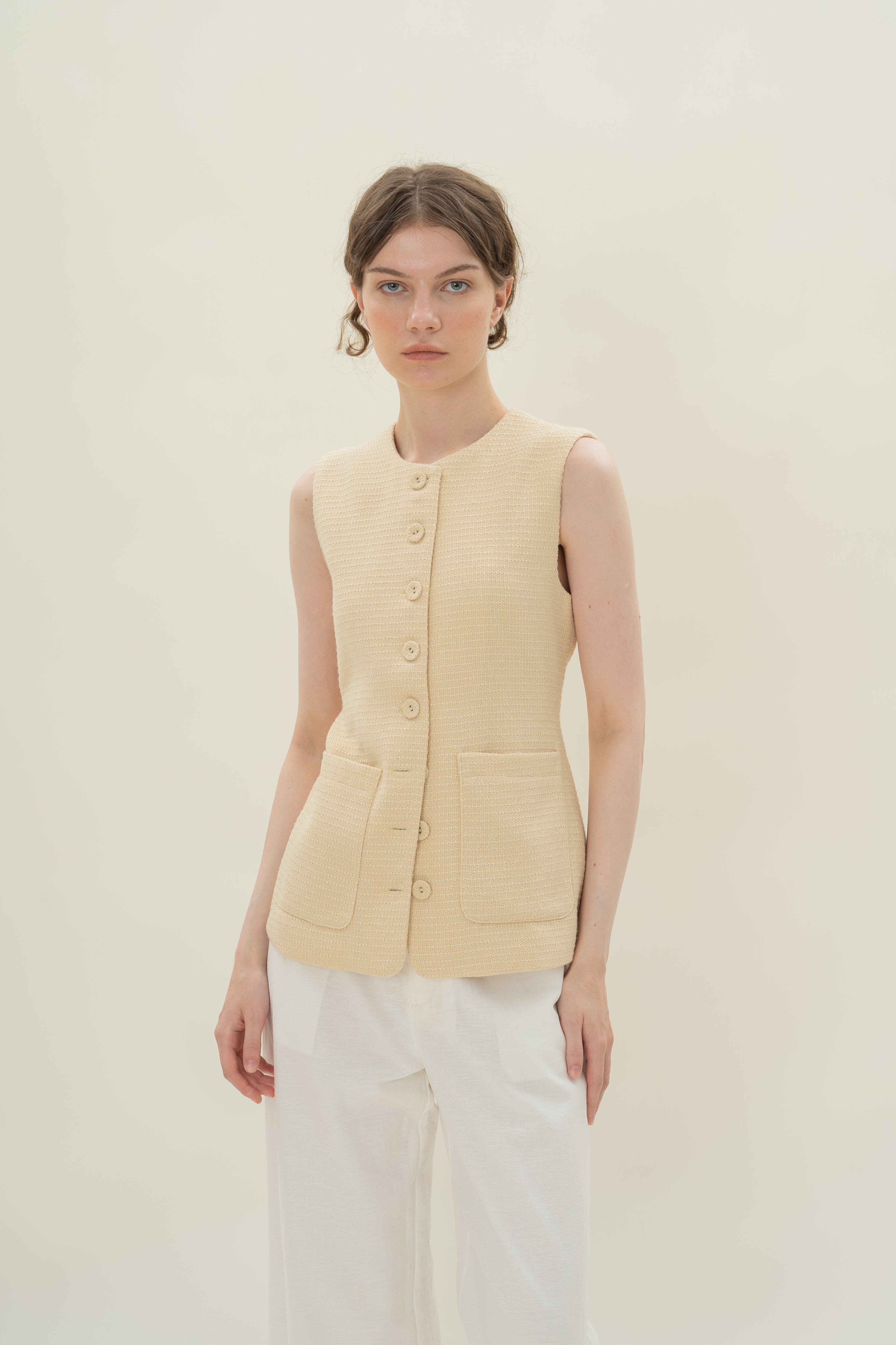 Textured Long Round Neck Waistcoat in Tweed Yellow with Detachable Bow
