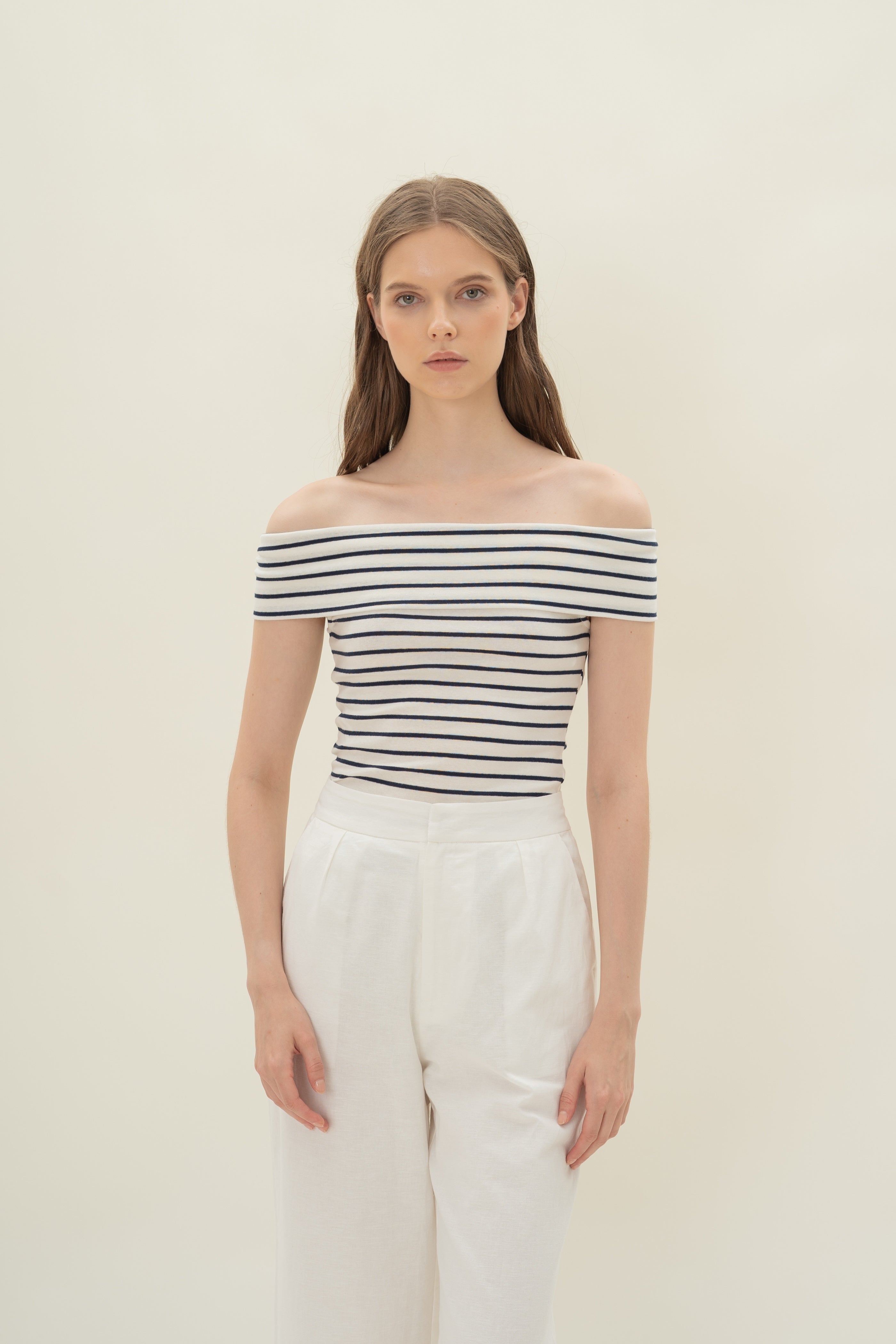 Off Shoulder Stripe Top in Navy Stripe