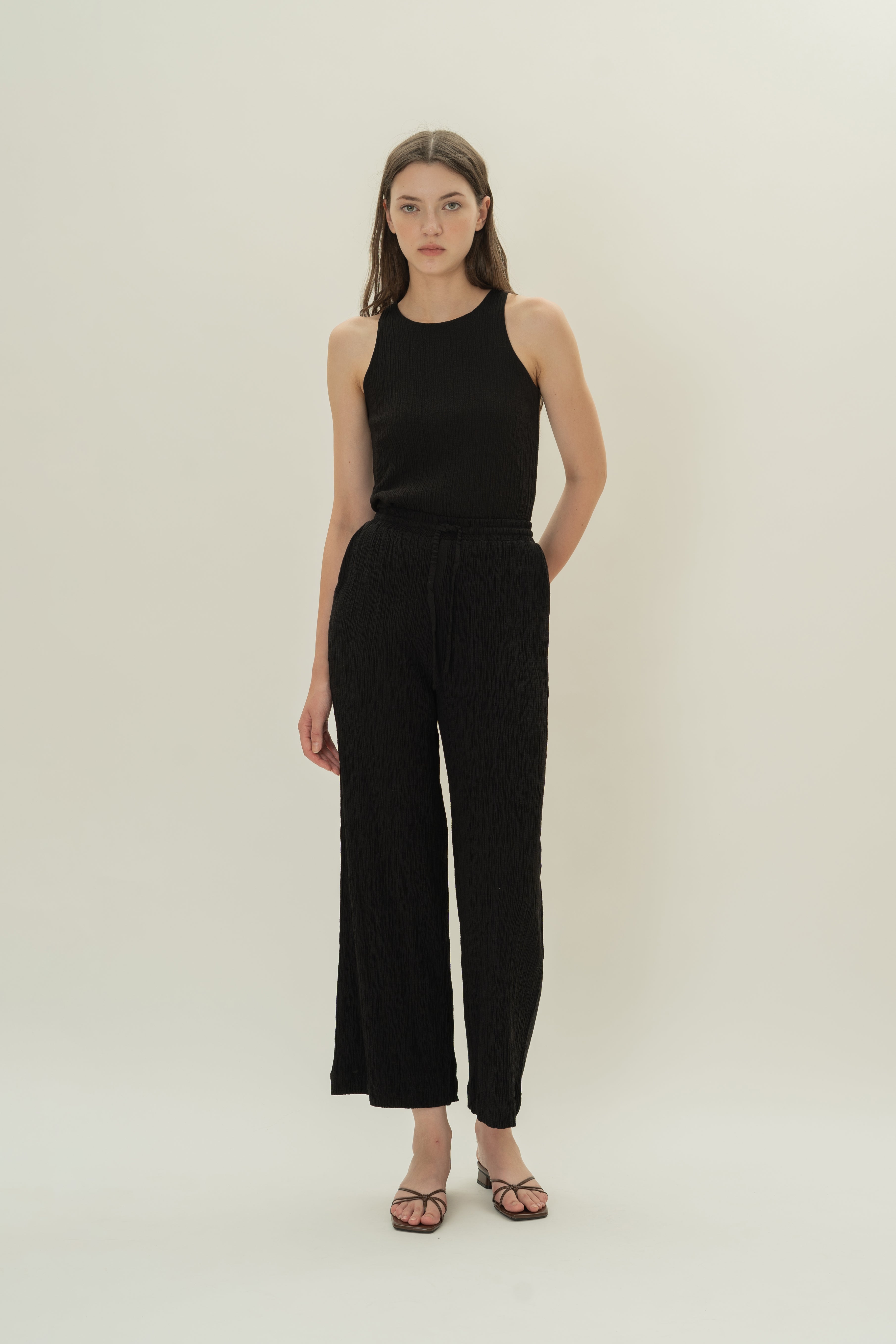 Cotton Blend Textured Drawstring Pants in Black