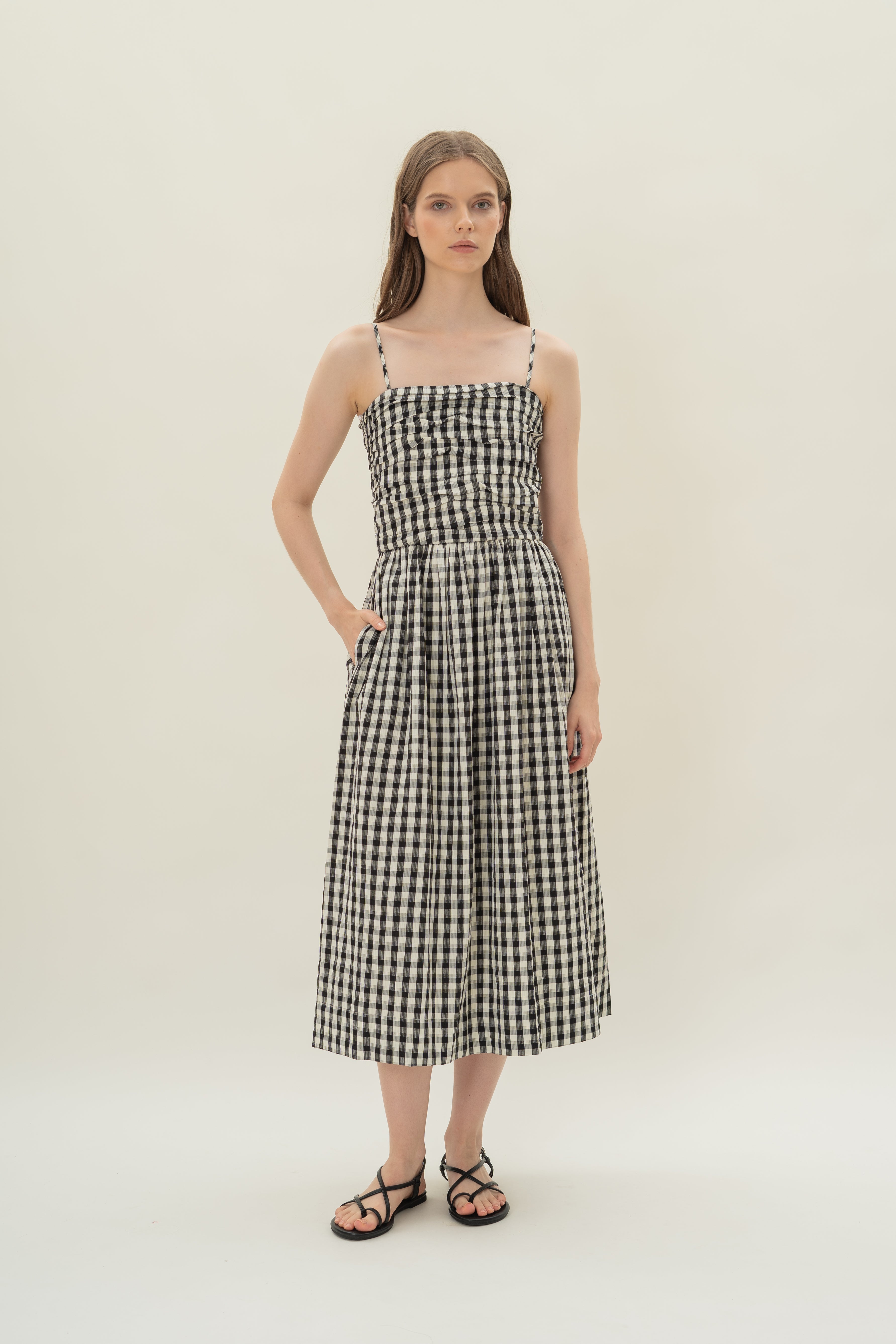 Ruched Midi Dress in Black Gingham