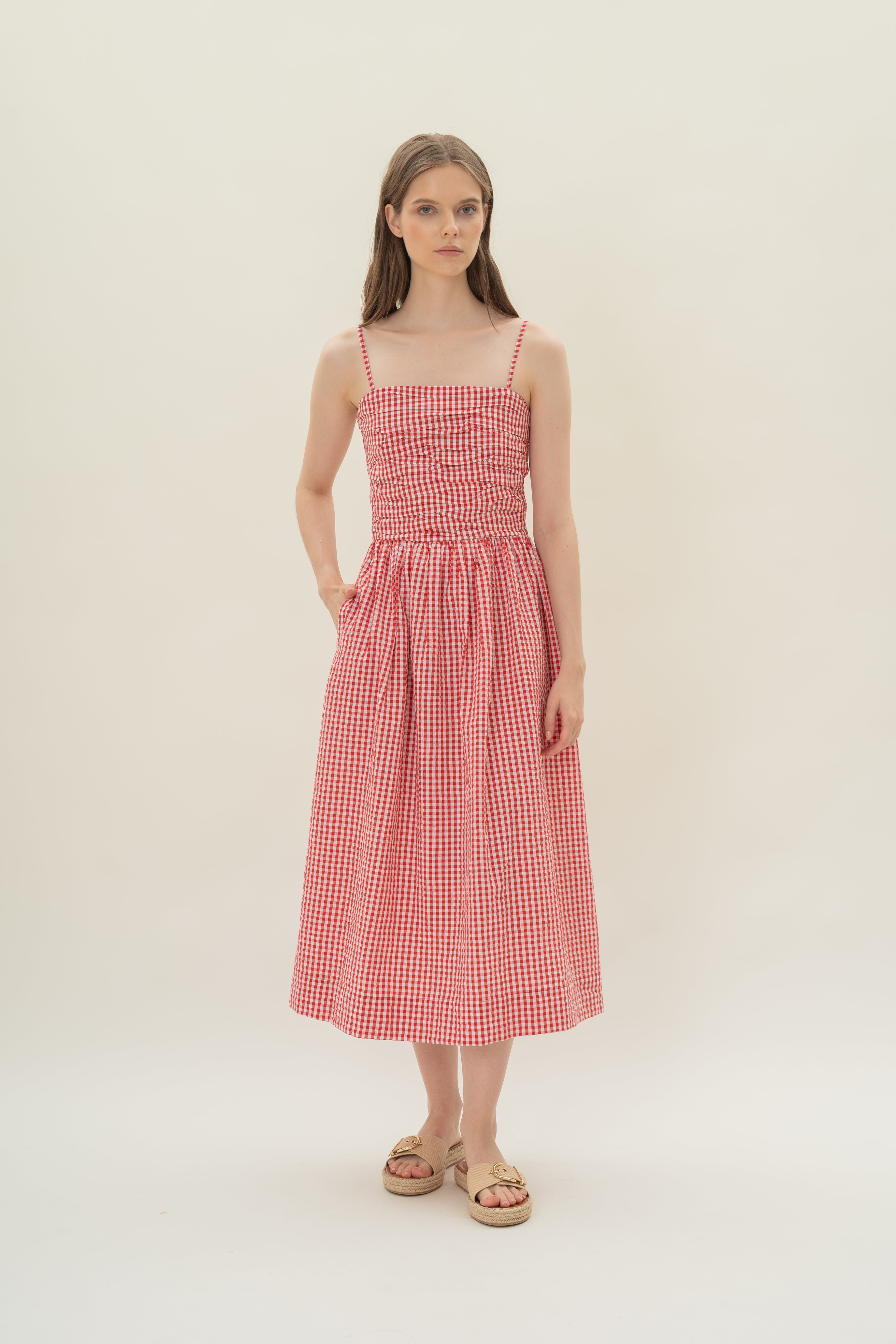 Ruched Midi Dress in Red Gingham
