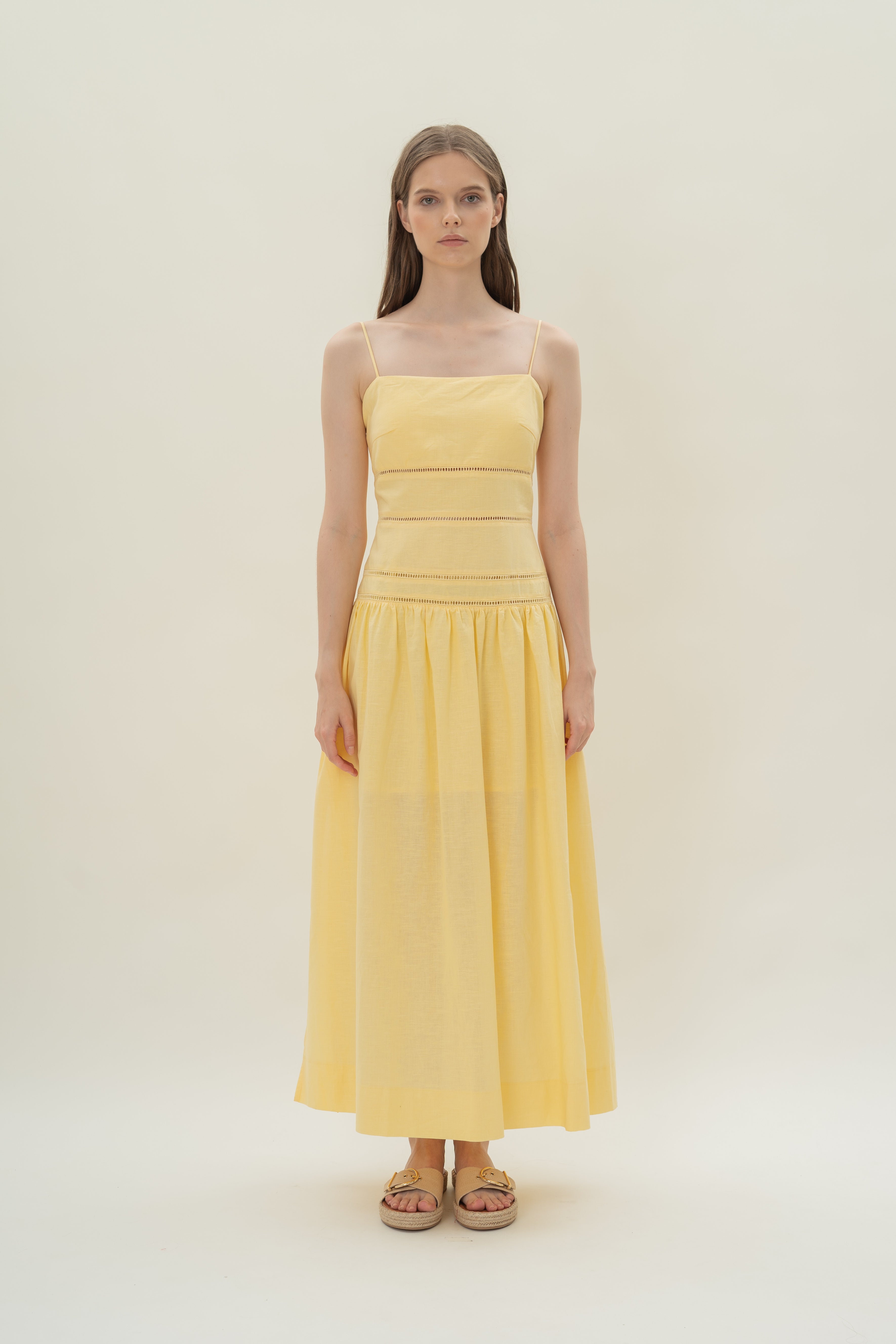 Linen Padded Tiered Sundress in Lemon