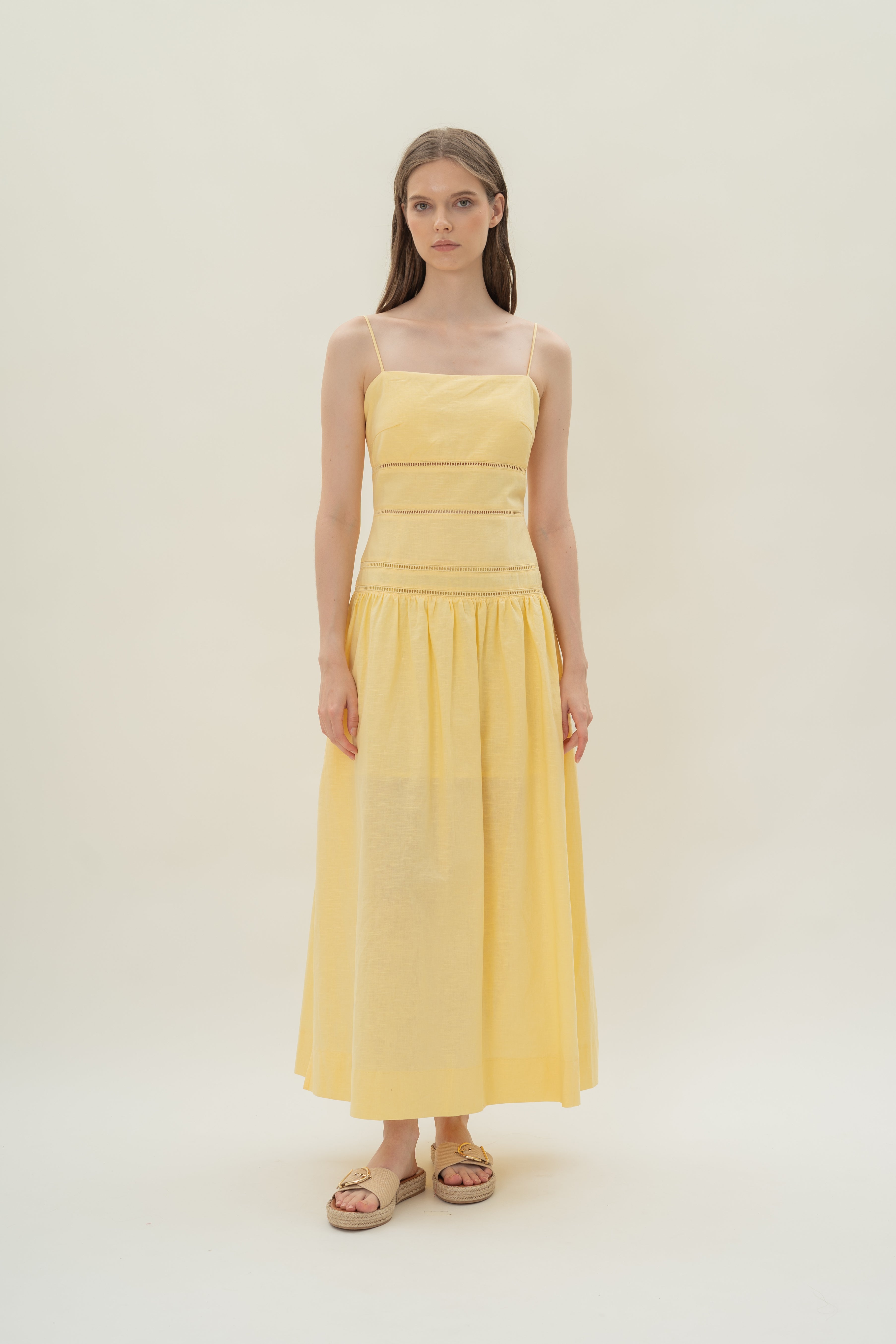 Linen Padded Tiered Sundress in Lemon