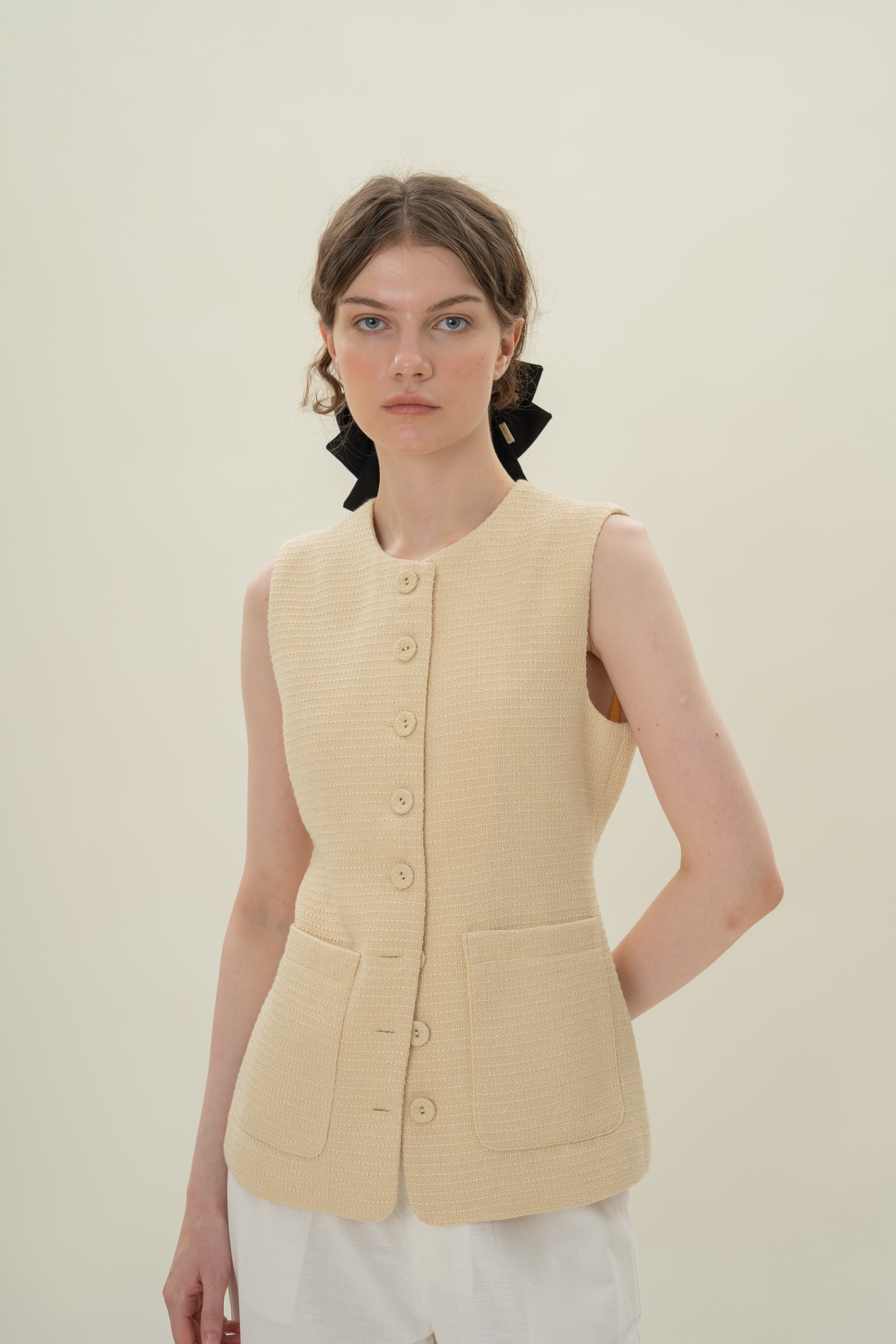 Textured Long Round Neck Waistcoat in Tweed Yellow with Detachable Bow