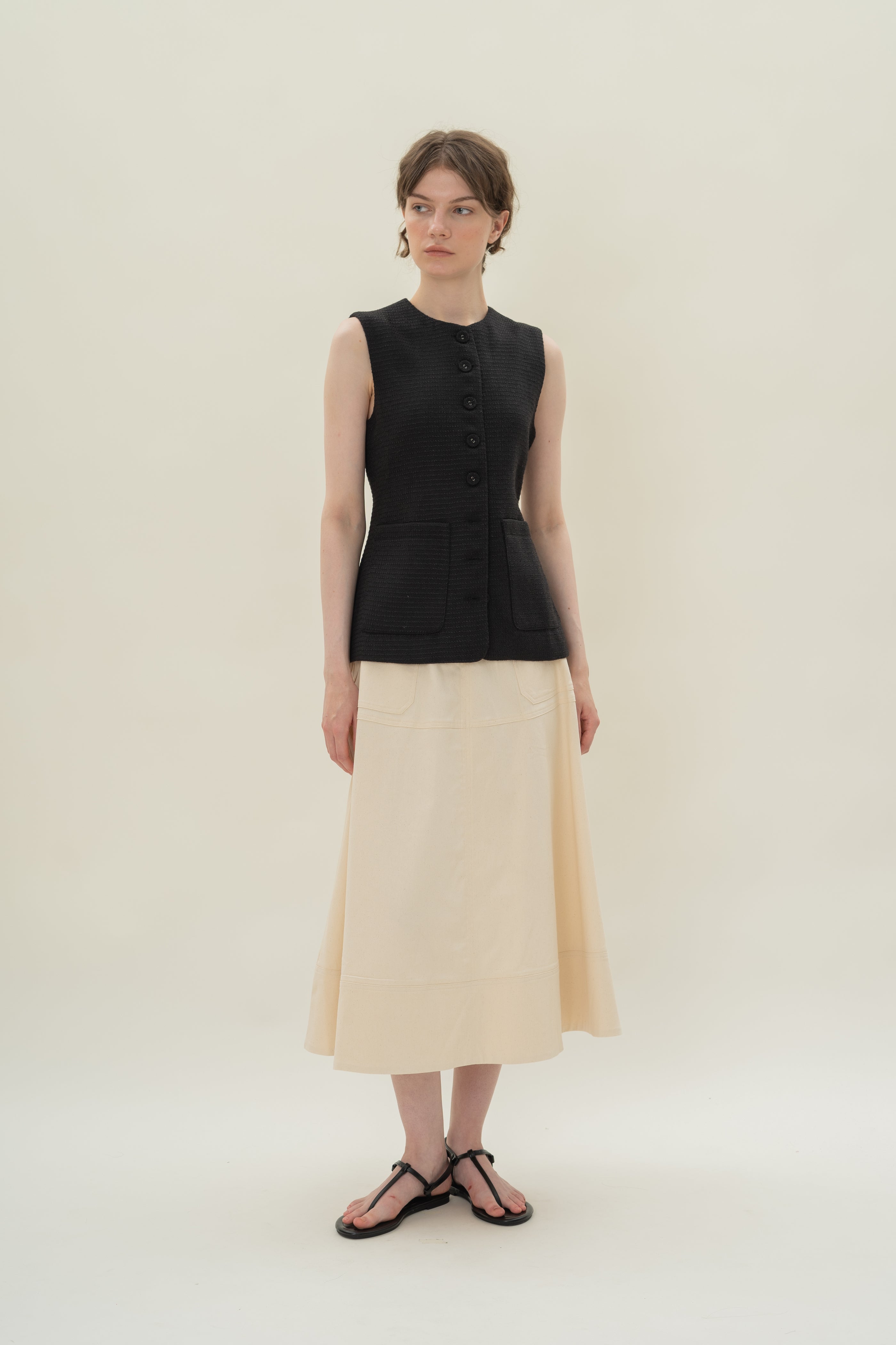 Textured Long Round Neck Waistcoat in Tweed Black with Detachable Bow