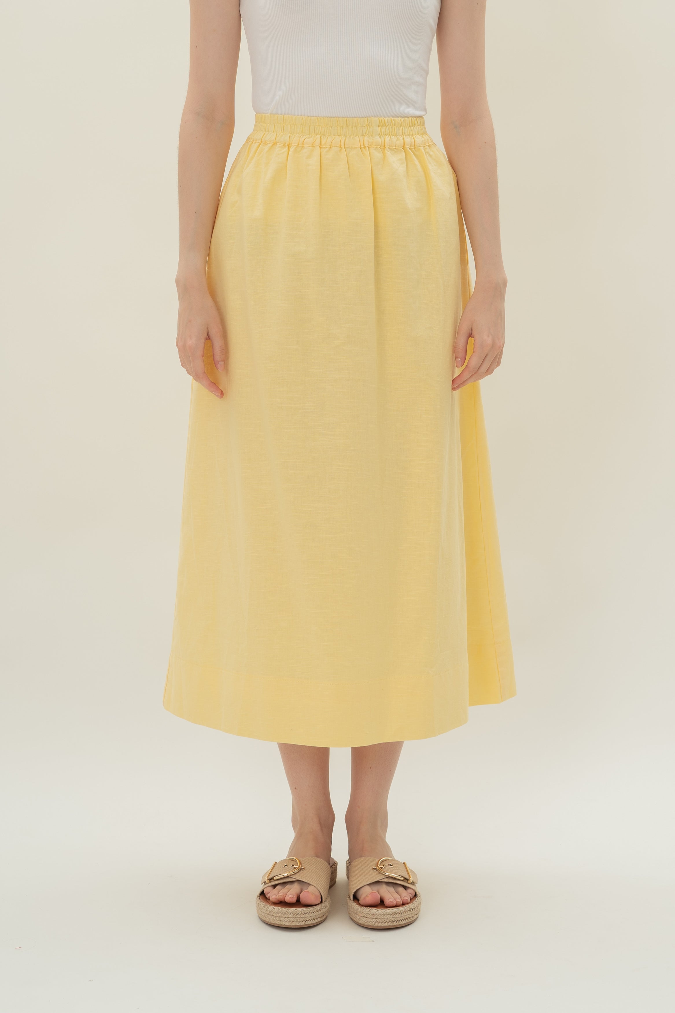 Linen Gathered Waist Skirt in Lemon
