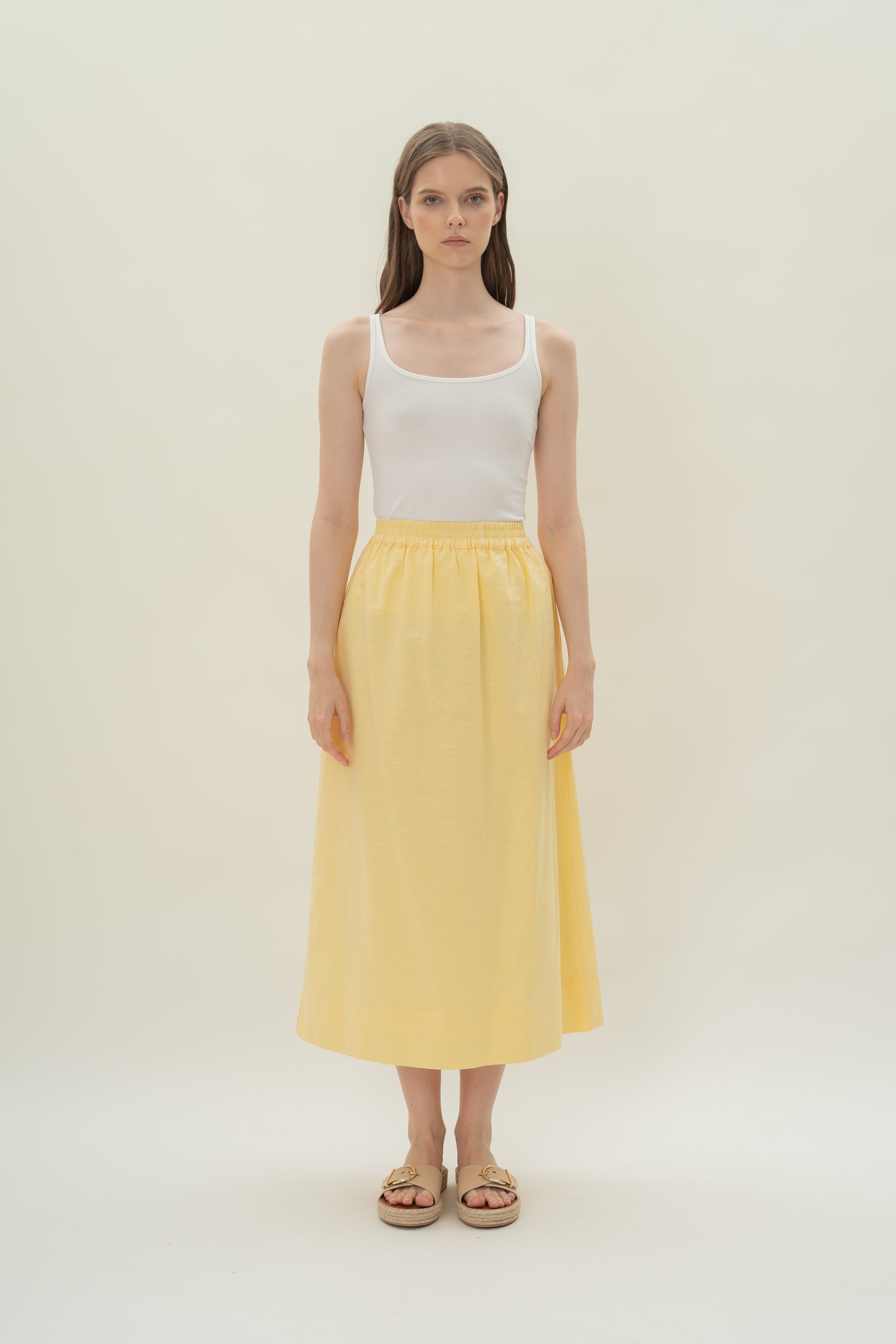 Linen Gathered Waist Skirt in Lemon