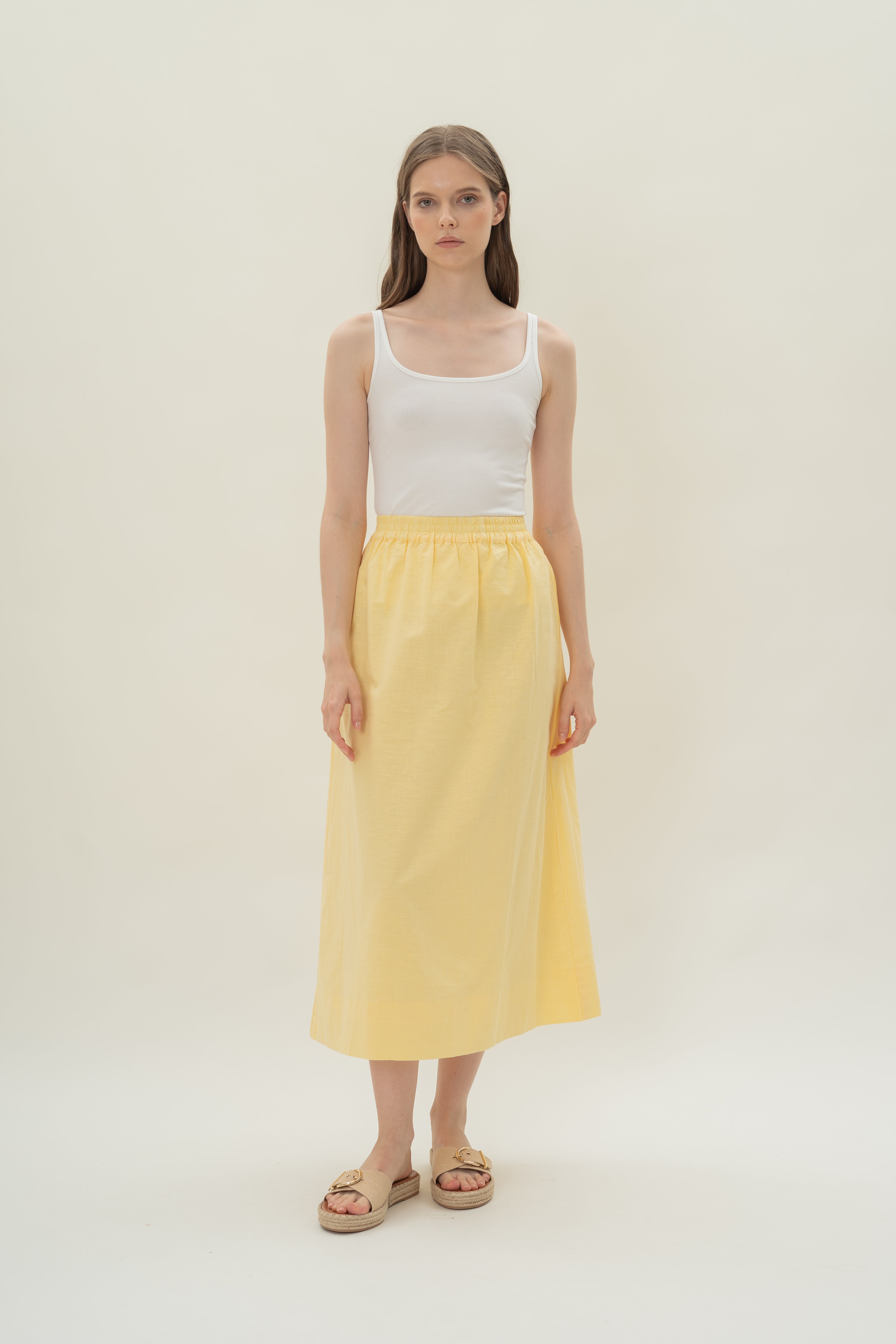 Linen Gathered Waist Skirt in Lemon