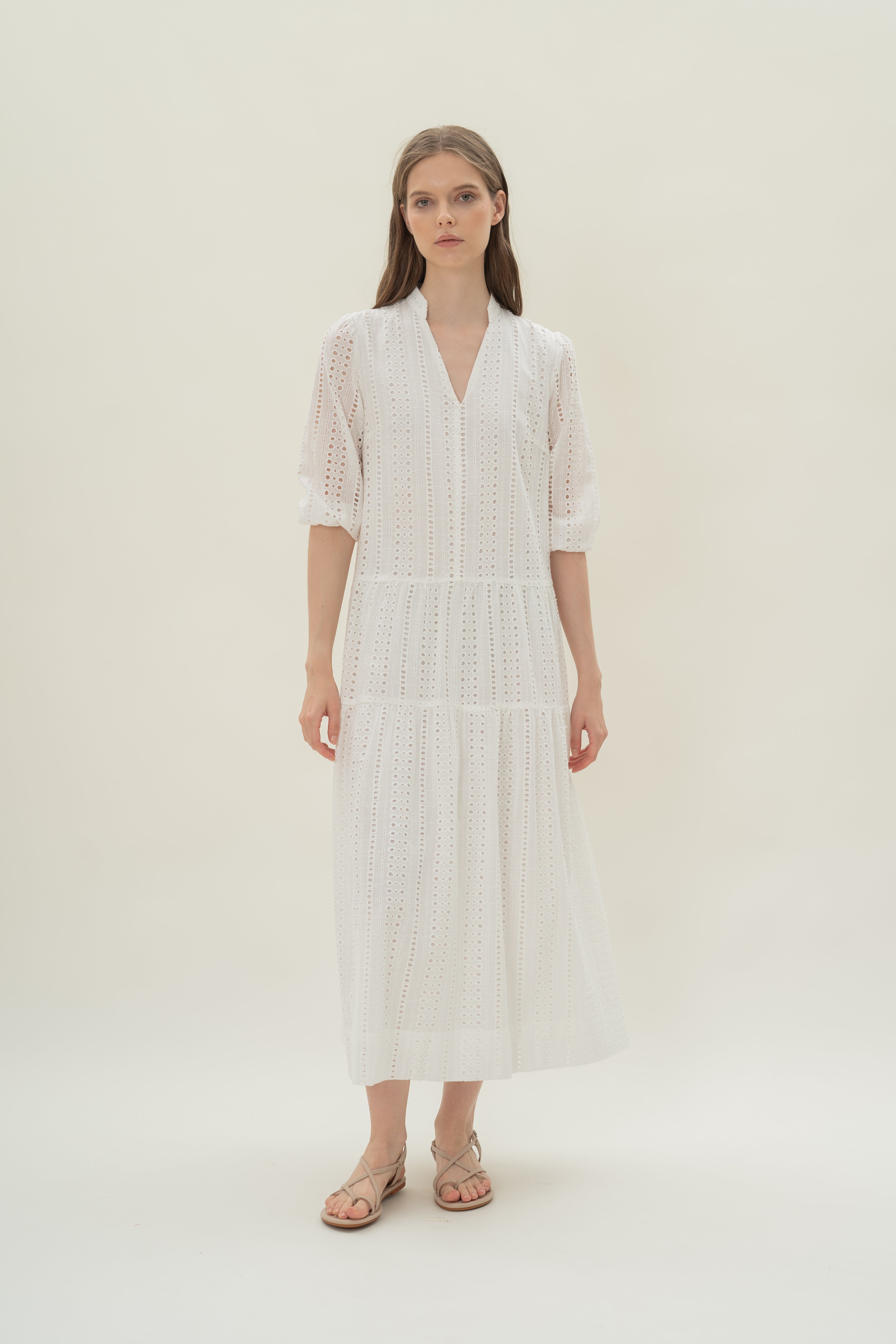 Broderie Anglaise Tiered Maxi Dress in White