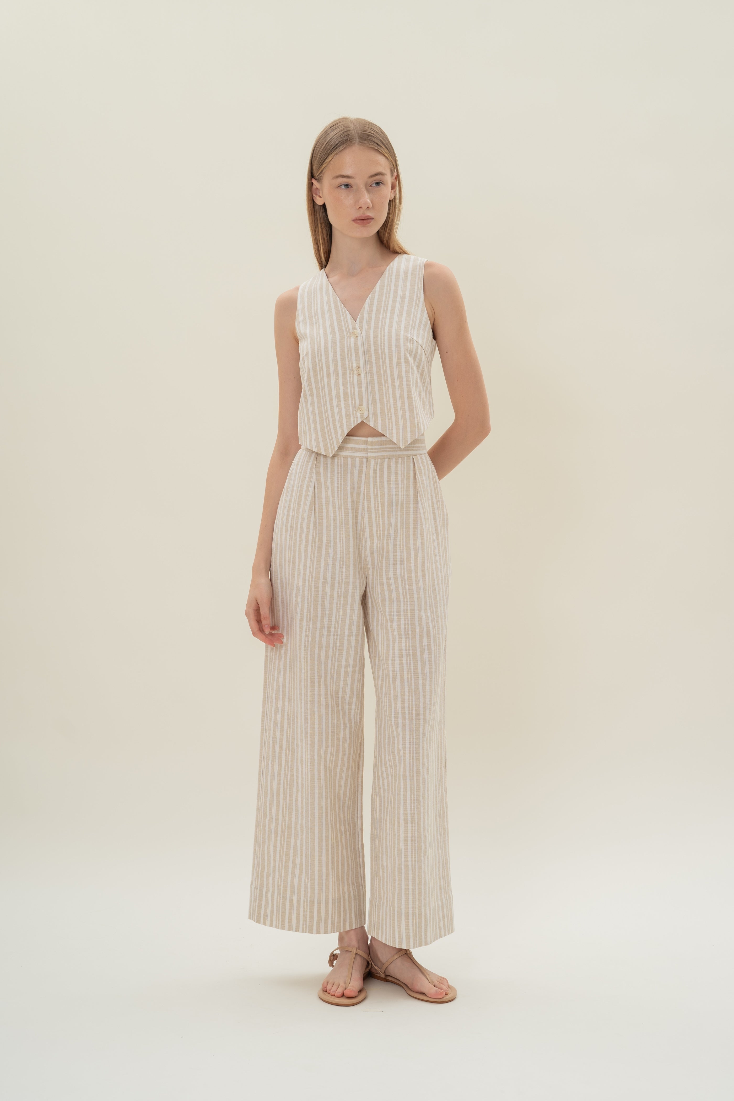 Pleated Linen Trousers in Oasis Stripes