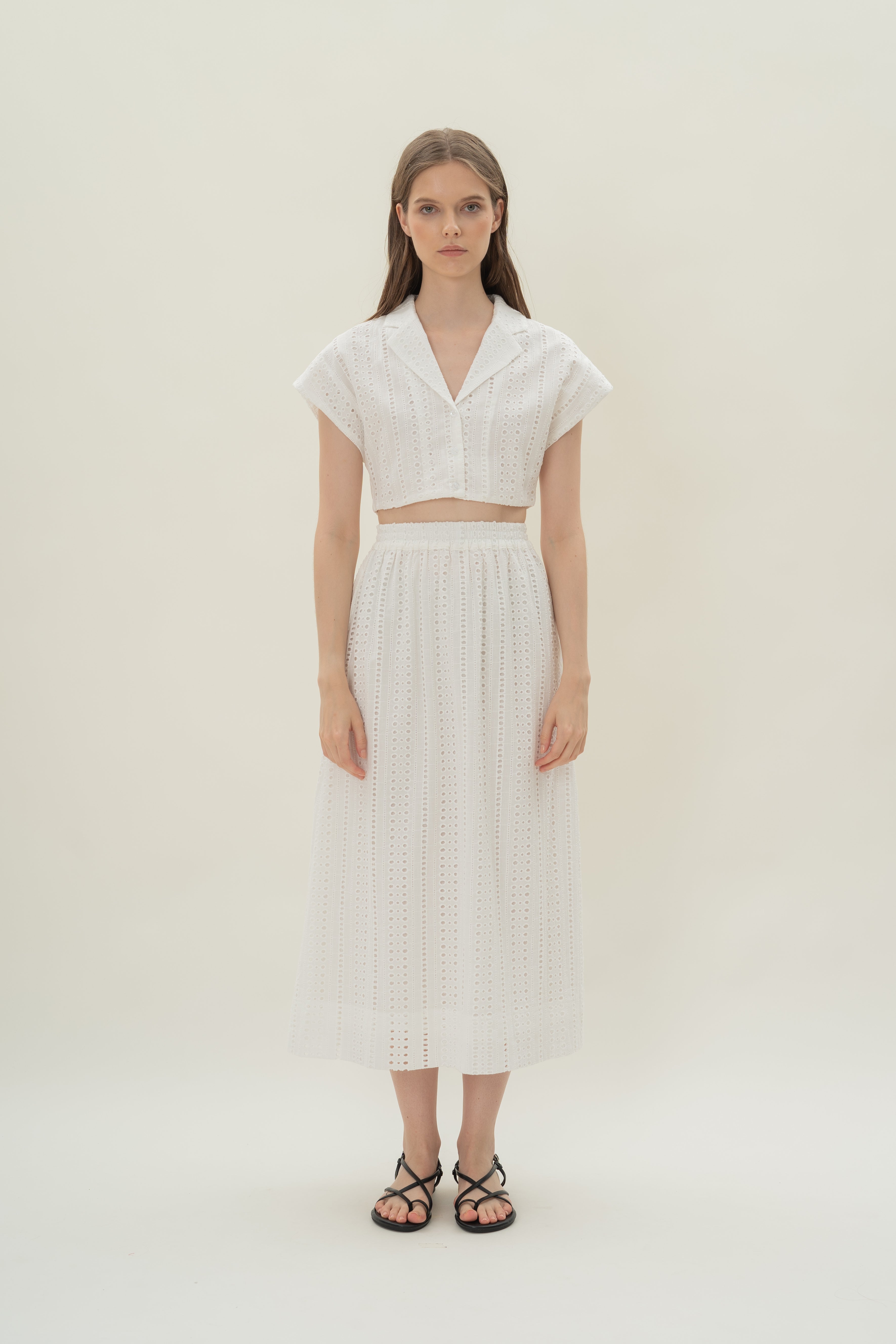 Broderie Anglaise Cropped Lapel Shirt in White
