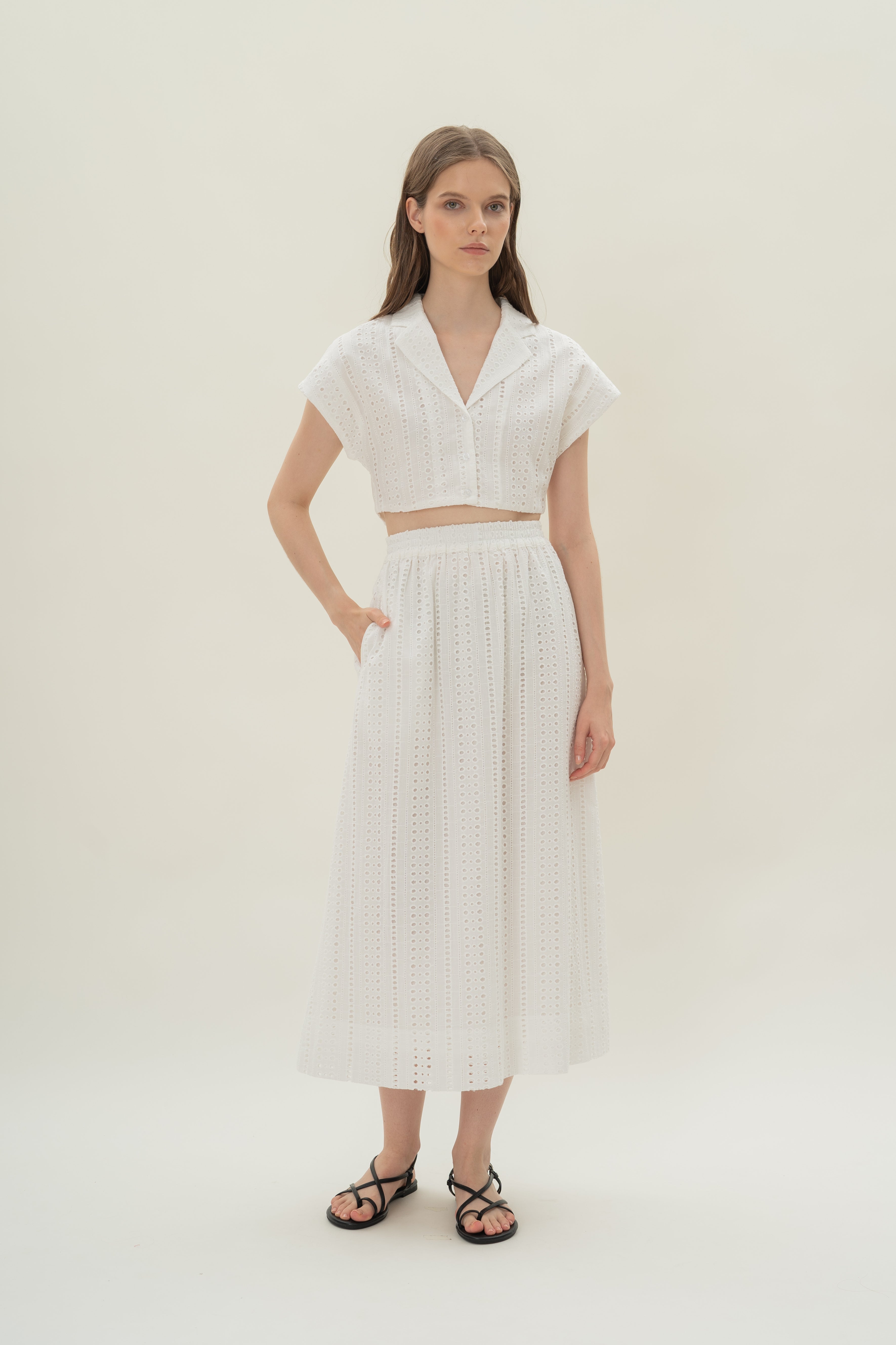 Broderie Anglaise Cropped Lapel Shirt in White
