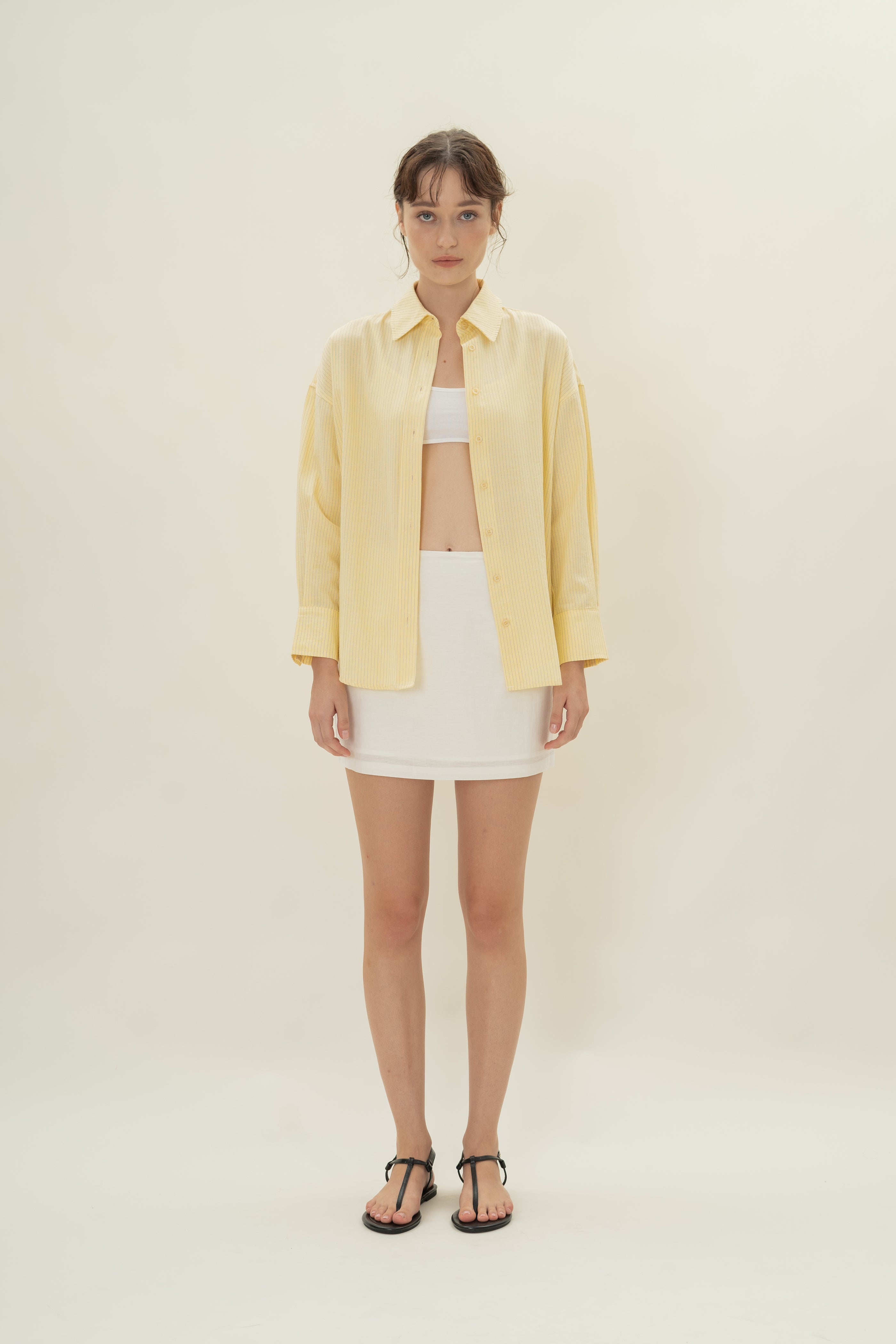 Cruise Long Sleeved Shirt in Linen Blend Lemon Stripes