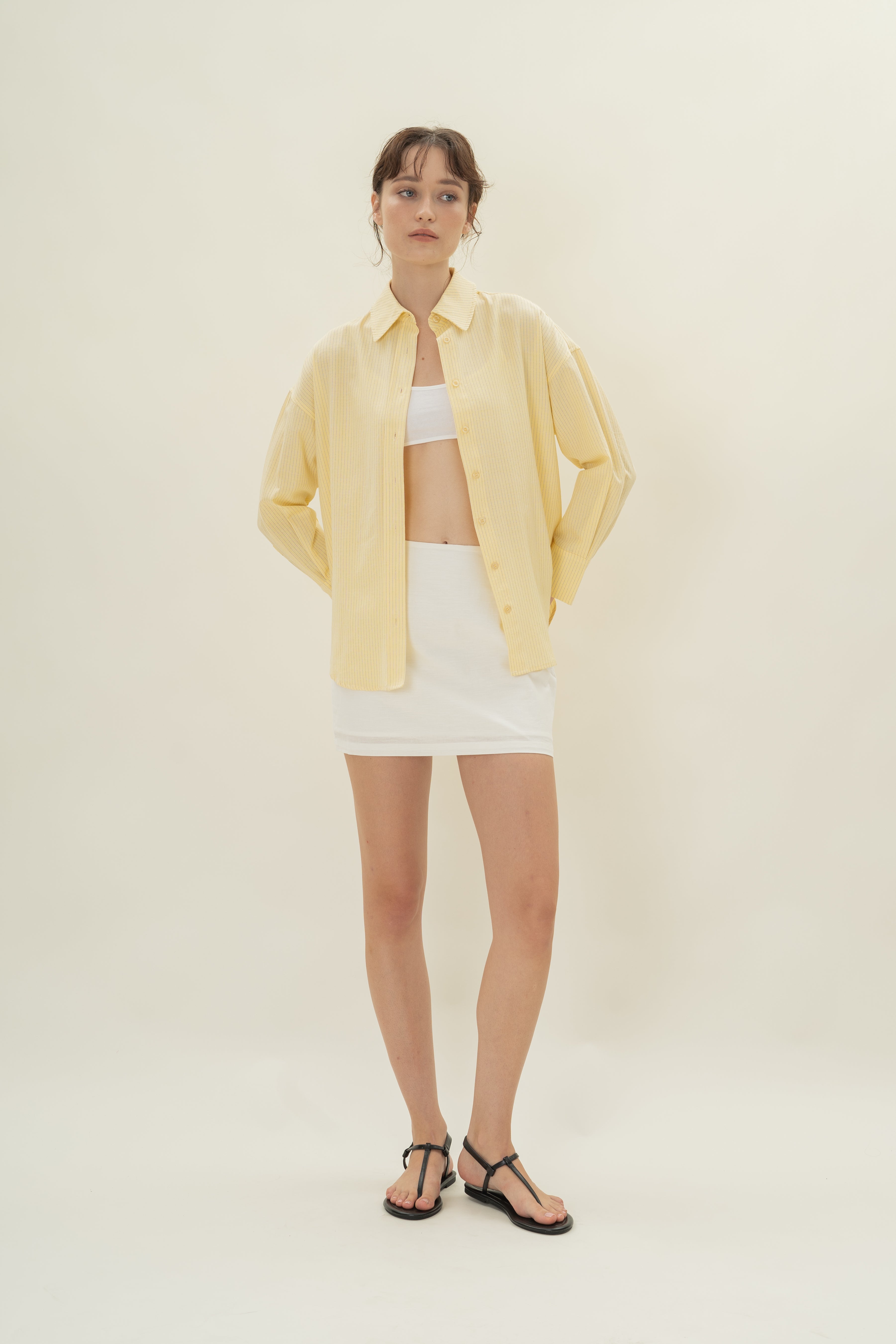 Cruise Long Sleeved Shirt in Linen Blend Lemon Stripes