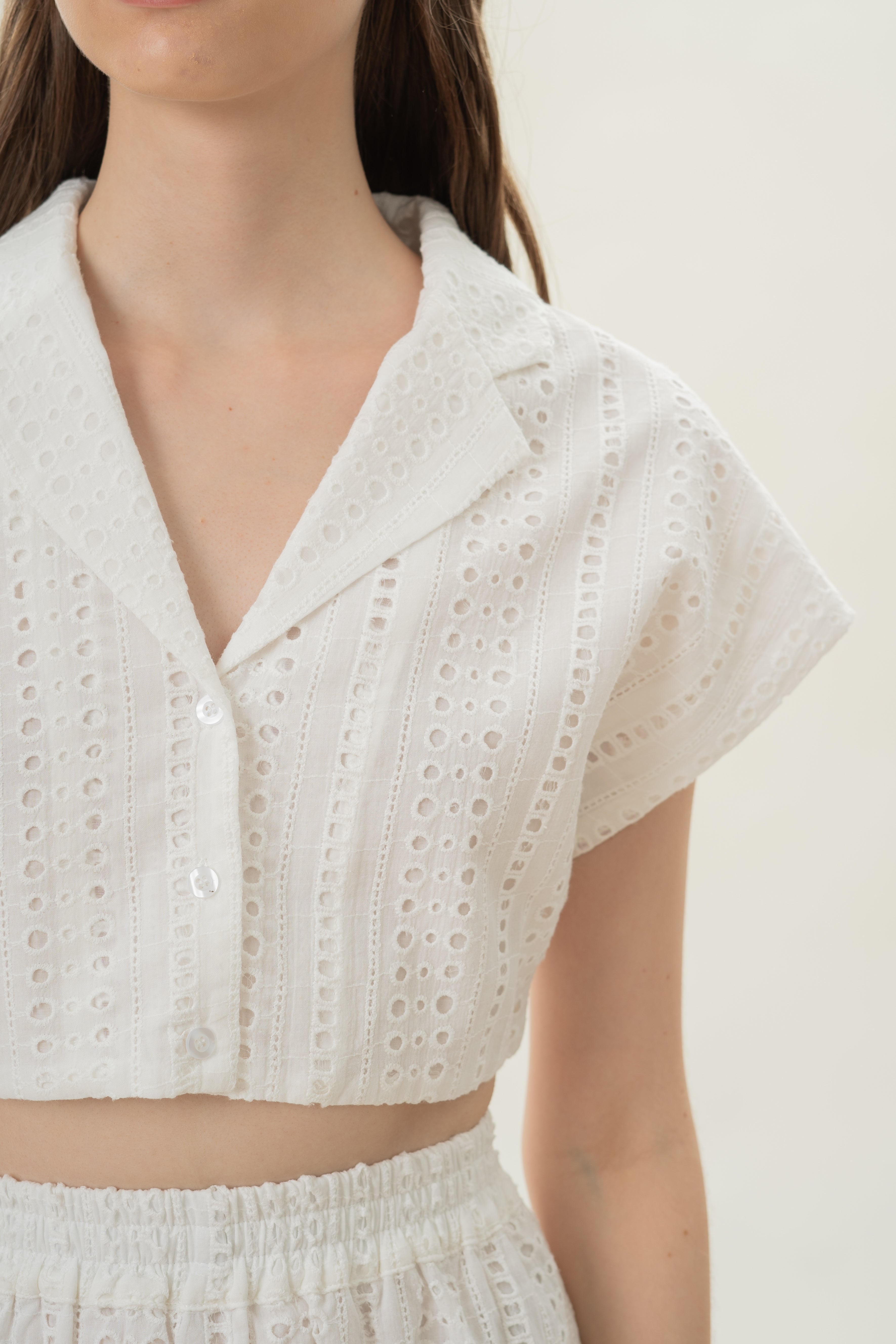 Broderie Anglaise Cropped Lapel Shirt in White