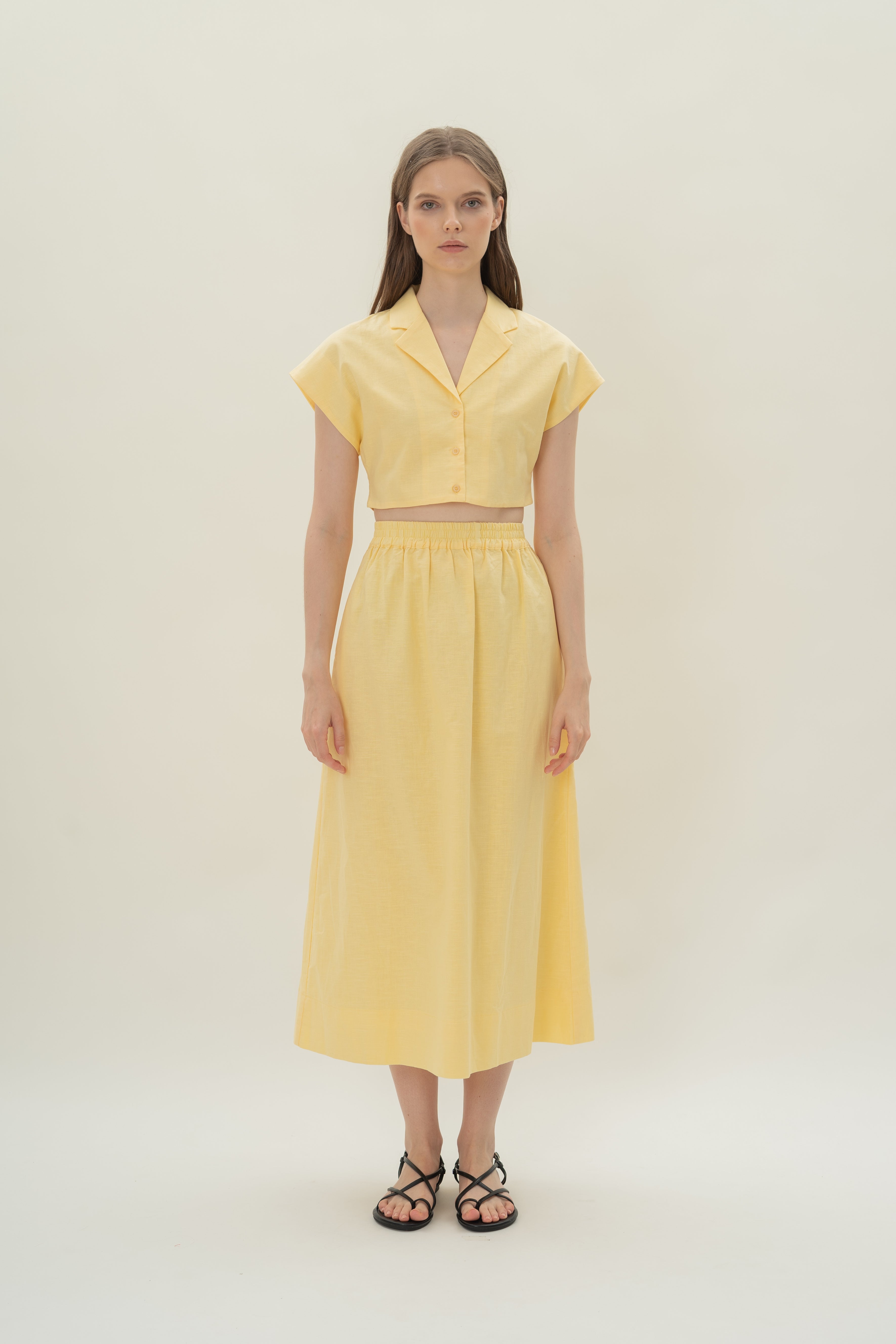 Linen Cropped Lapel Shirt in Lemon