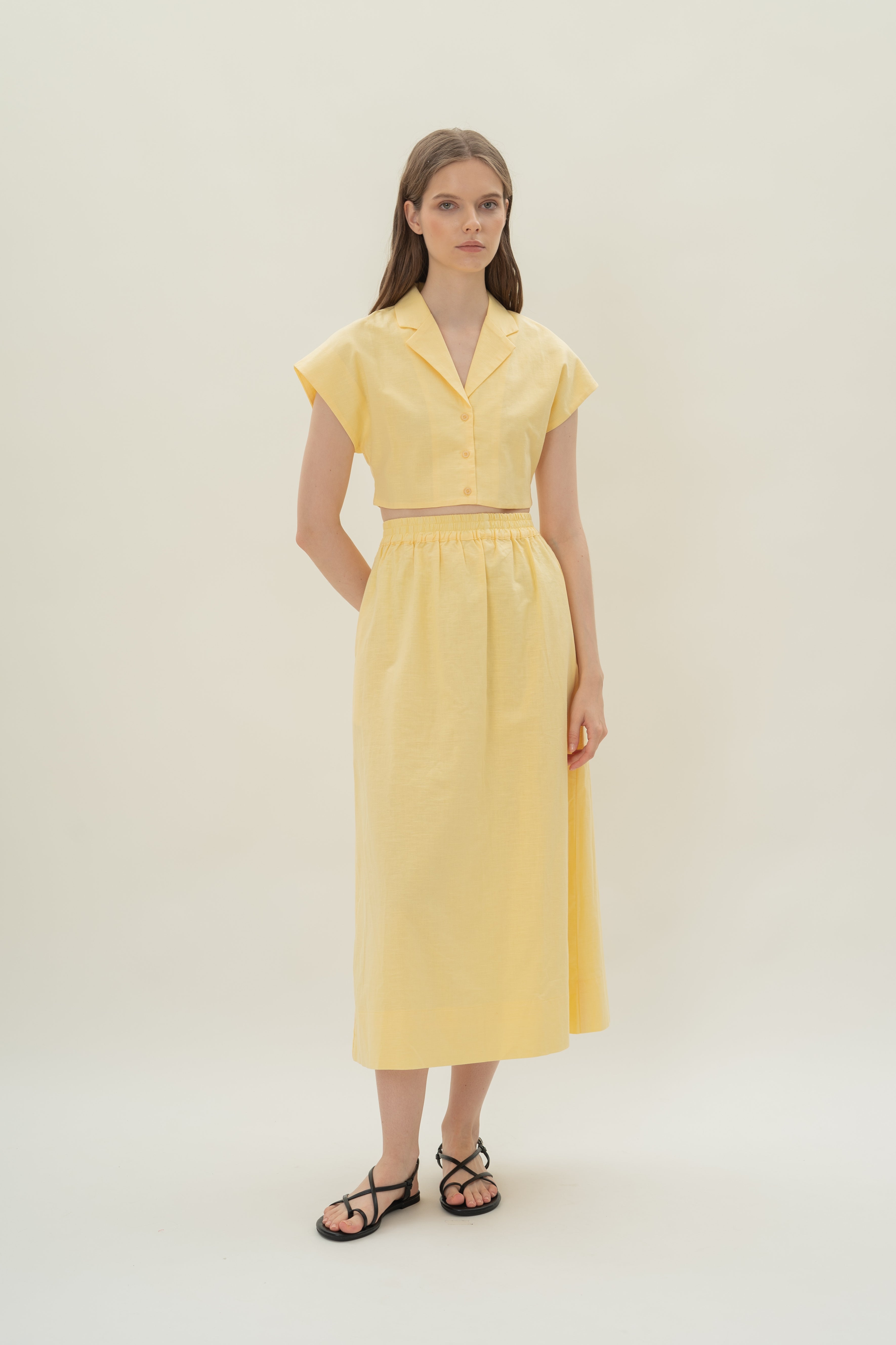 Linen Cropped Lapel Shirt in Lemon
